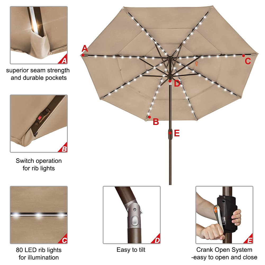 EliteShade USA 10-Year Fade-Resistant 9ft 3-Tier Solar Patio Umbrella with 80 LED Lights - Outdoor Market Umbrella with Ventilation, Heather Beige - Perfect for Backyard, Poolside, and Restaurant Outdoor Dining