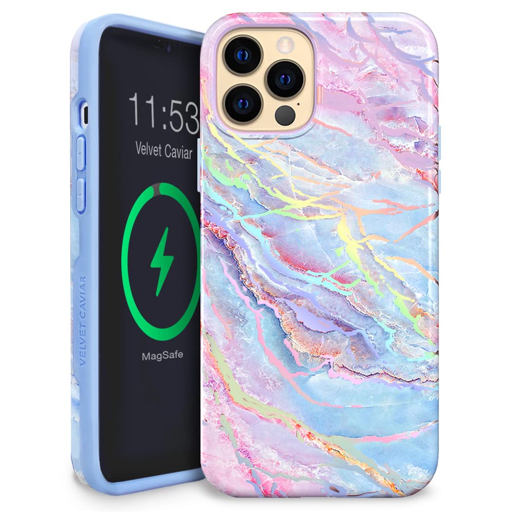 Velvet Caviar iPhone 13 Pro Max Case for Women - 10ft Military Grade Drop Protection, MagSafe Compatible, Cute Holographic Blue Marble Design with Soft Microfiber Lining - Perfect for Everyday Use, Work & Travel Protection