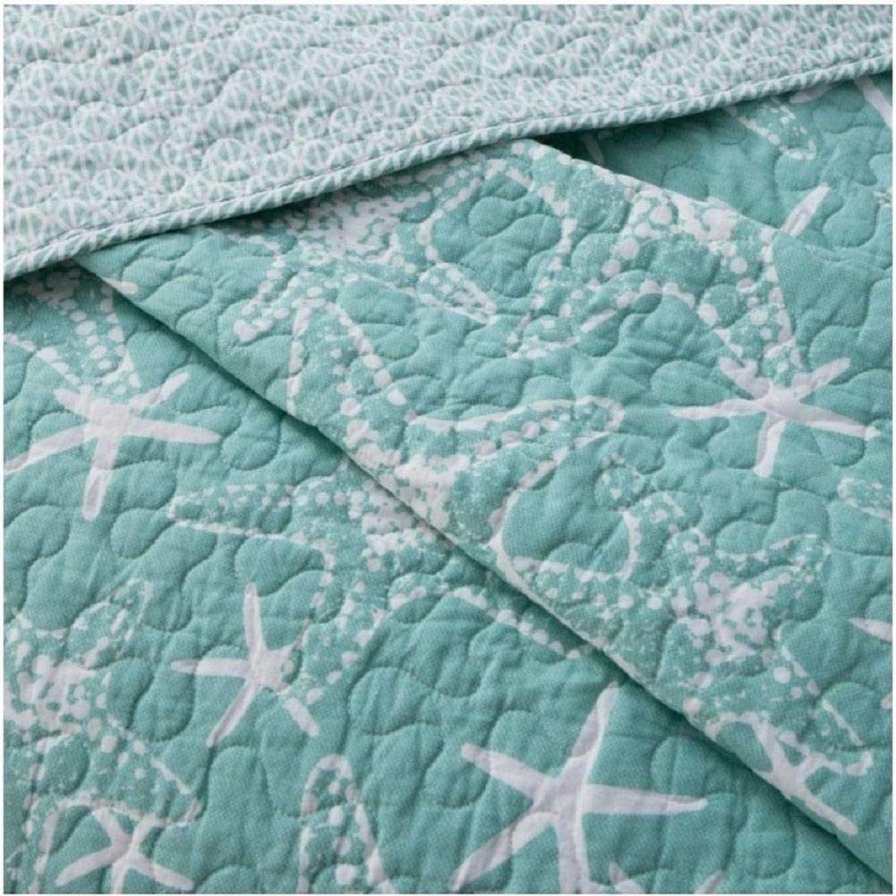 King Size Tropical Quilt Set - Blue Coastal Bayside Starfish Print 3-Piece Bedding Set | Underwater Animals Nautical Design Reversible Comforter | Ultra Soft Cotton Summer Beach Bedroom Decor | Perfect for Coastal Themed Master Bedrooms & Vacation Homes
