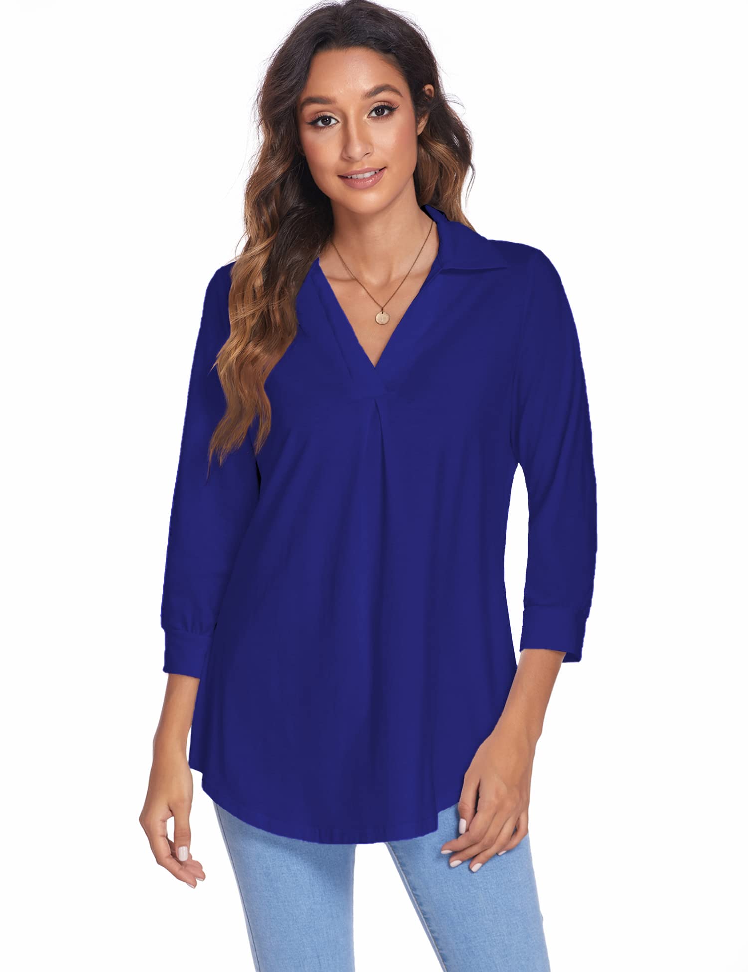 Newchoice Women's Collared V-Neck 3/4 Sleeve Blouse - Business Casual Tops for Office Work, Loose Fit Comfort Shirts Sizes S-3XL - Perfect for Workwear, Business Meetings & Professional Outfits