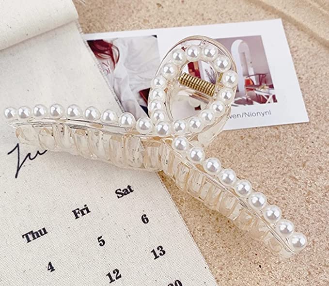 RedChimes Large Pearl Hair Claw Clip - 1 Piece White Hair Barrettes for Women & Girls, Strong Hold Thick Hair Clutches, Perfect for Updos, Ponytails & Everyday Hairstyles