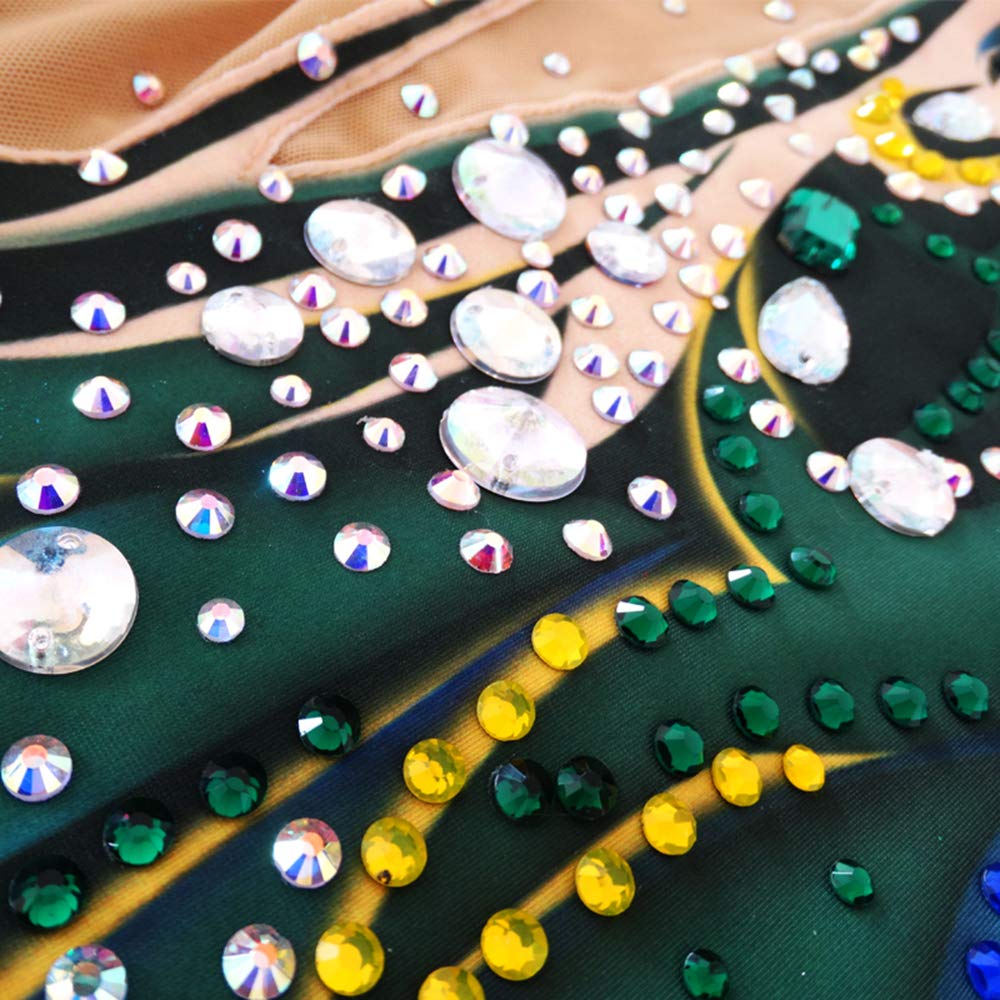 LIUHUO Girls Rhythmic Gymnastics Leotard - Emerald Green Shiny Rhinestone Performance Costume for Dance Competitions & Stage Shows