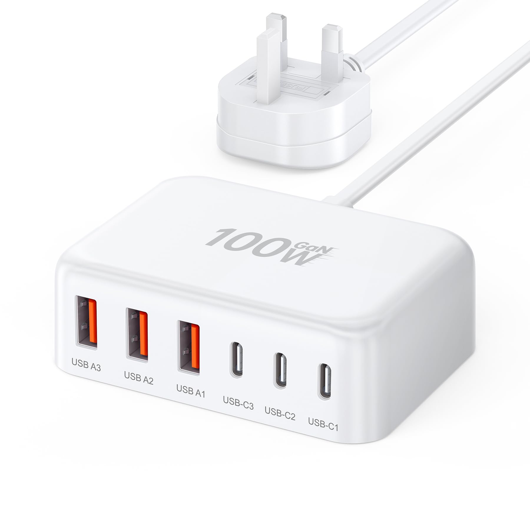 100W GaN USB C Charger Block - 6-Port Fast Charging Station with 3 USB C & 3 USB A Ports for iPhone 16/15/14/13/12 Pro Max, iPad, Galaxy Note, Pixel - Compact Travel & Desktop Charger - Perfect for Home, Office & Business Trips - White