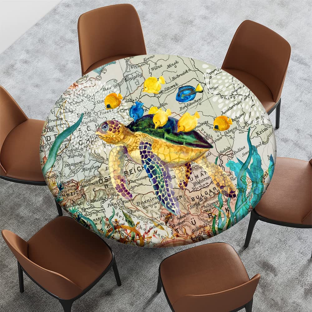 Vintage Watercolor Sea Animals Turtle Fish Pattern Round Tablecloth - Elastic Edge Fits 28
