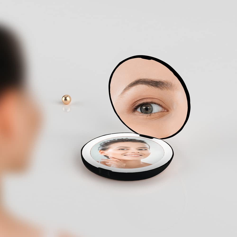 5 Inch Lighted Compact Mirror with 1X/5X Magnification - Dual-Sided LED Makeup Mirror for Travel & Home Use, Portable Folding Design, Daylight Simulation (Black) - Perfect for Makeup Application, Skincare Routine & Travel Essentials