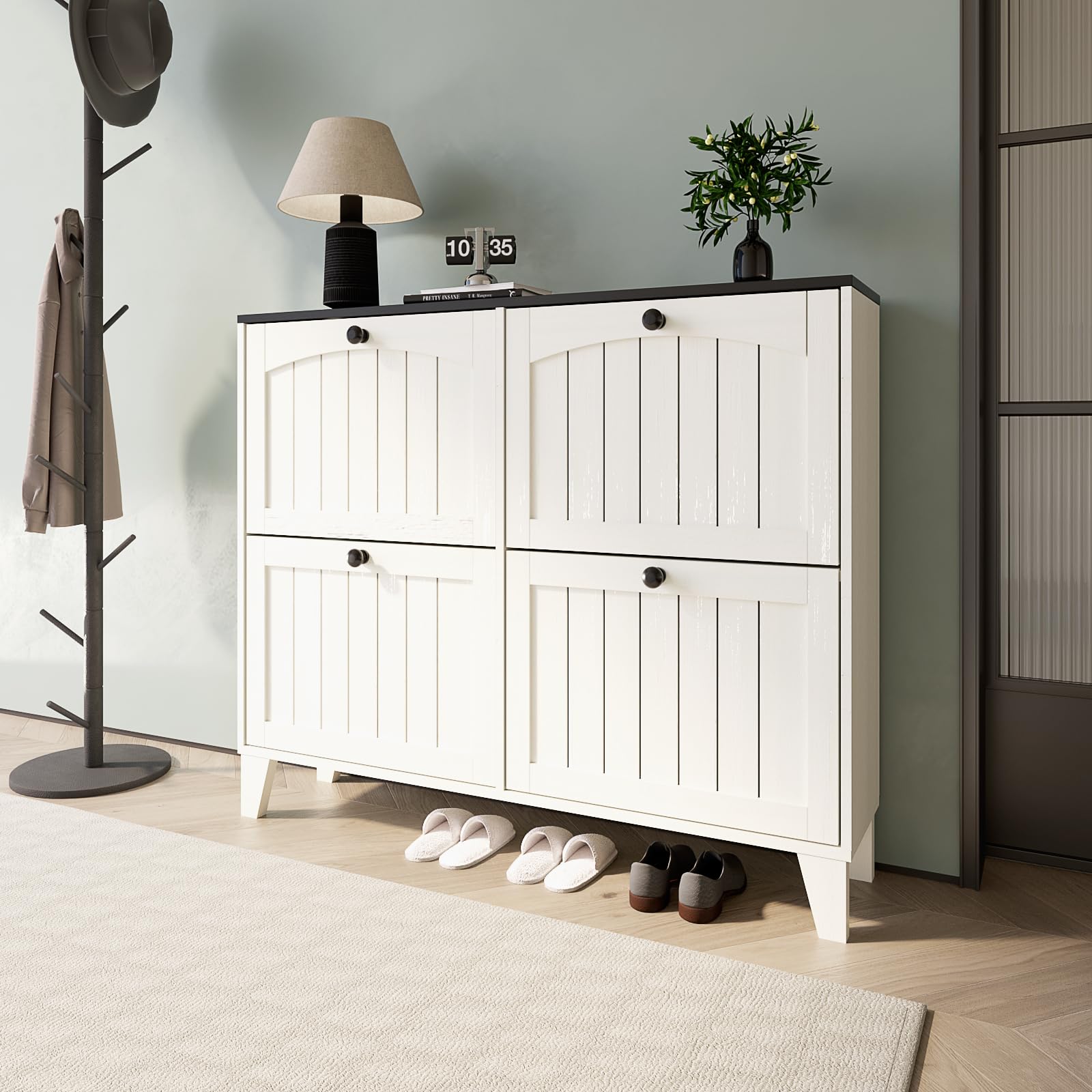 Vintage White 4-Drawer Flip Shoe Cabinet - Slim Narrow Entryway Storage Organizer with Adjustable Shelves | Perfect for Small Spaces, Apartments & Closet Organization