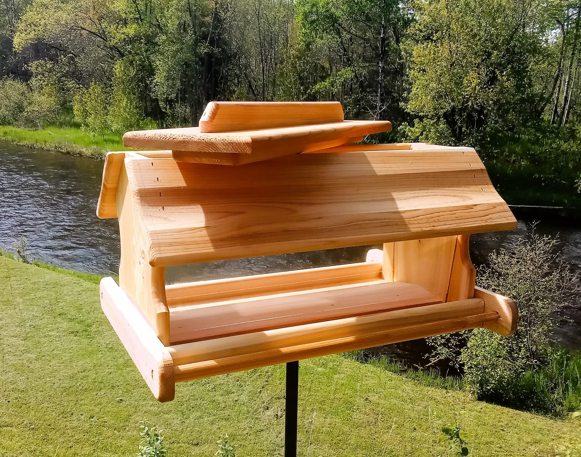 24 Inch Cedar Wood Post Mount Bird Feeder - Durable Outdoor Bird Feeder for Garden, Yard & Patio - Attracts Cardinals, Finches & Wild Birds - Weather Resistant & Easy to Fill