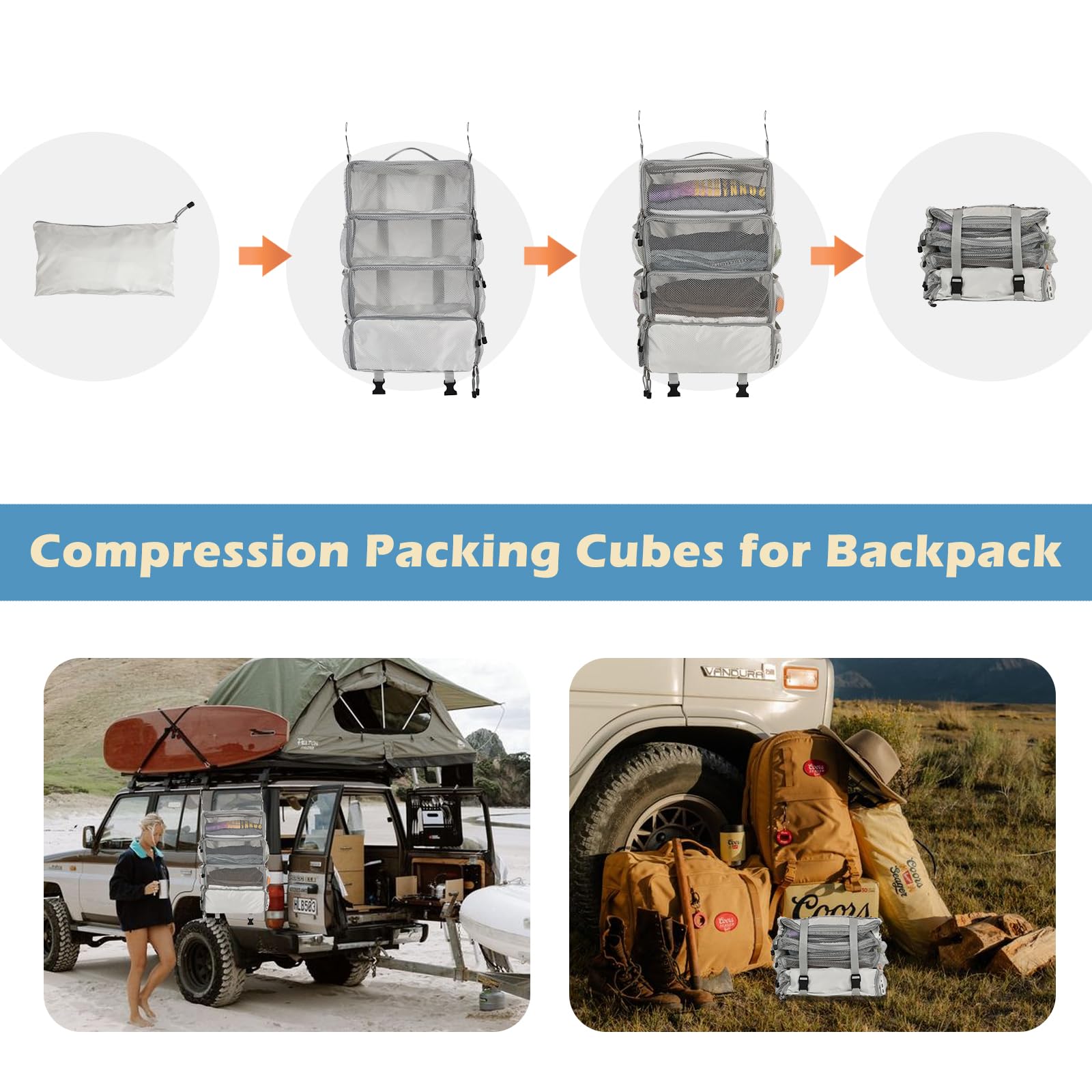 Surblue Travel Hanging Packing Cubes - 4 Shelf Closet Organizer with 2 Hooks, Portable Compression Luggage Storage for Clothes (Medium, Light Grey) | Perfect for Suitcase Organization, Business Trips & Vacation Packing