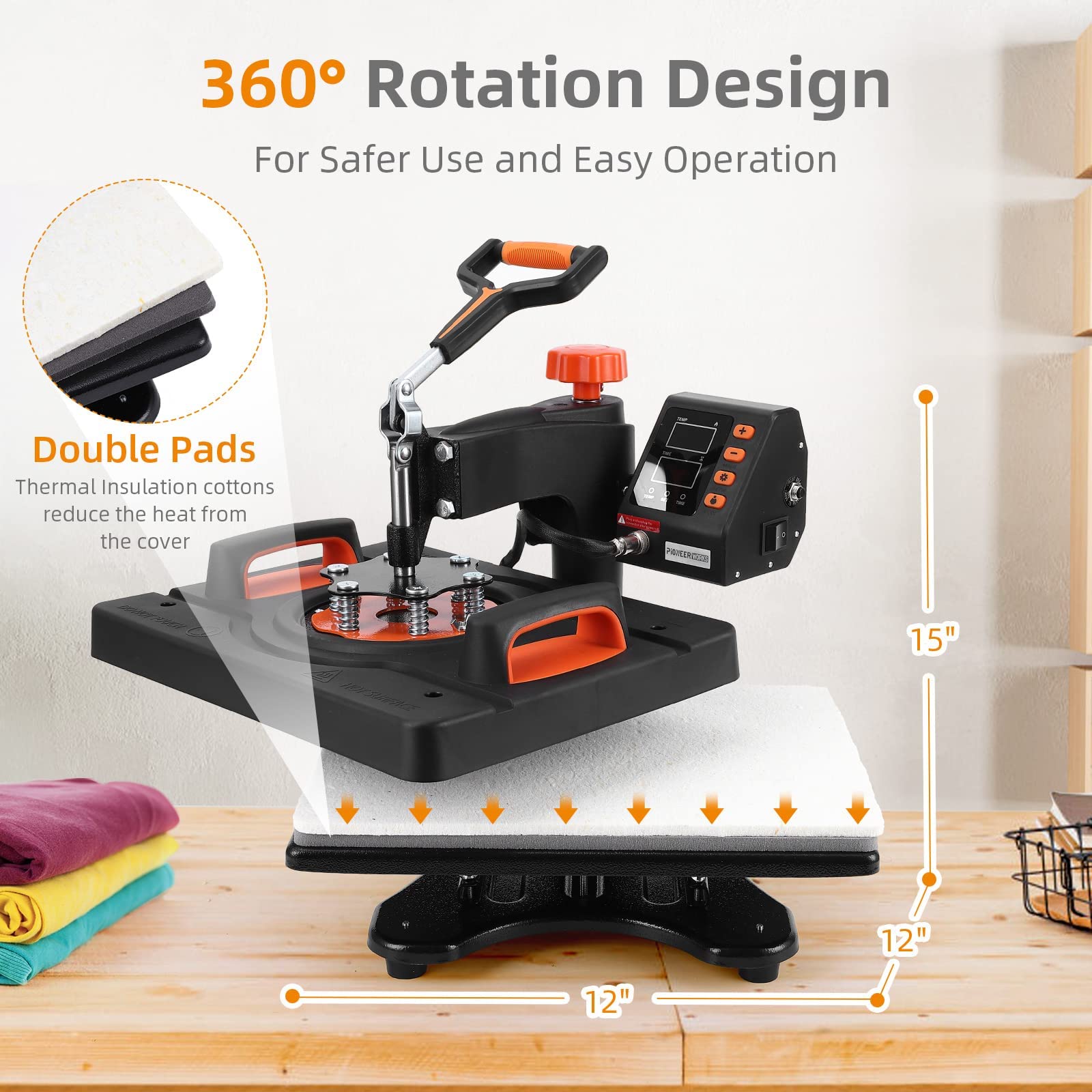 PIONEERWORKS 6-in-1 Heat Press Machine 12x15 Inch 800W Sublimation Printer with 360° Rotation & Swing-Away Design for T-Shirts, Hats, Mugs - Perfect for DIY Crafts, Small Business & Home Use