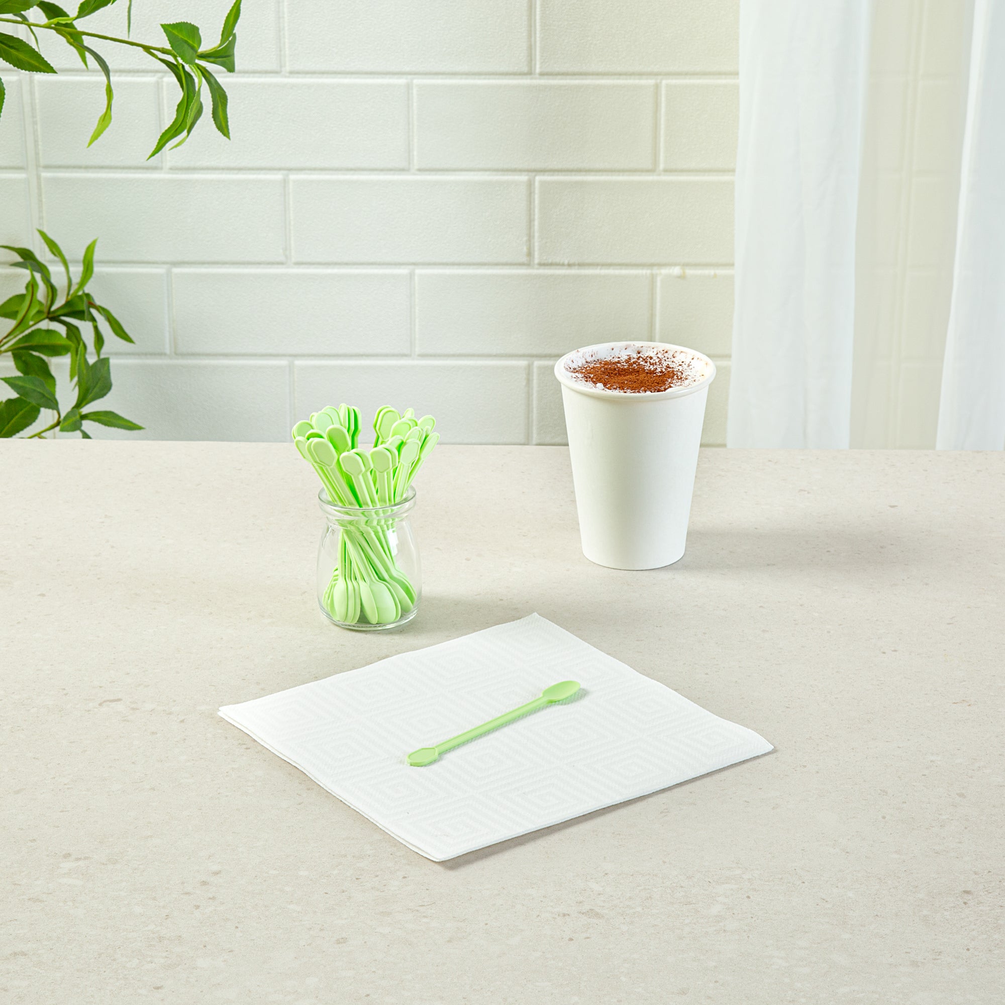 Eco-Friendly Compostable CPLA Plastic Coffee Stirrers & Spoons - 100 Count Box | Biodegradable Stir Sticks for Hot/Cold Beverages, Perfect for Coffee Shops, Offices, and Home Use