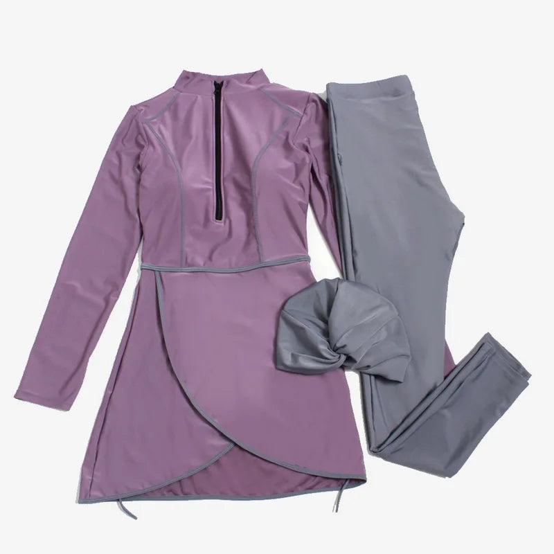 2024 Women's Modest 3-Piece Islamic Burqini Swimwear Set - Long Sleeve Swimsuits with Headscarf in 7 Colors | Halal Beachwear for Swimming, Surfing & Water Activities