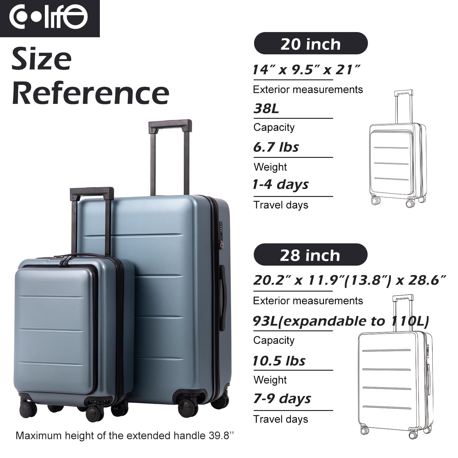 COOLIFE 20in ABS+PC Carry-On Luggage Suitcase with Spinner Wheels & Multiple Pockets - Lightweight Titanium Gray Hardshell Trolley for Air Travel, Business Trips & Weekend Getaways