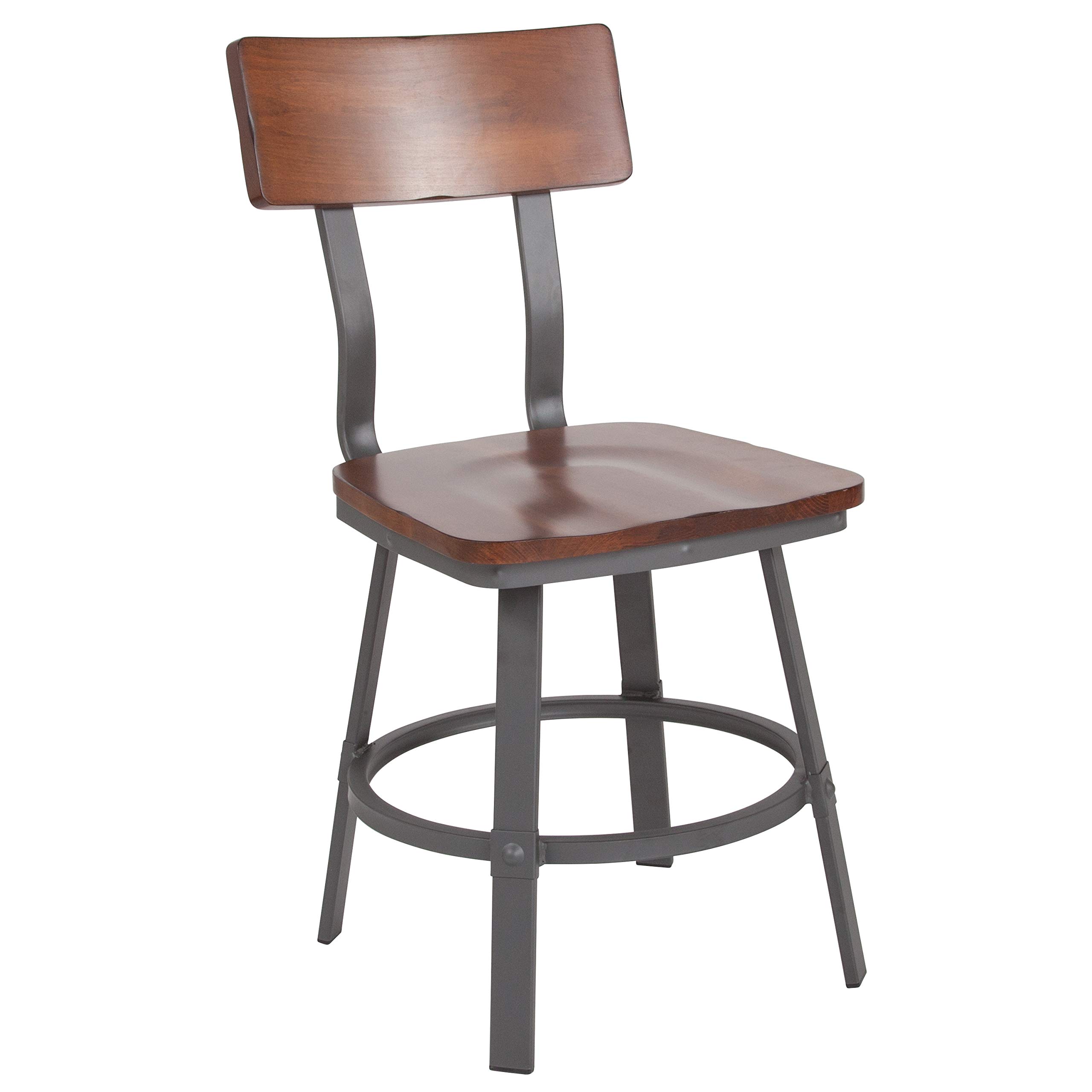 EMMA + OLIVER Rustic Walnut Dining Chair with Wood Back & Seat, Gray Metal Frame - Perfect for Farmhouse Kitchen, Dining Room & Restaurant Decor