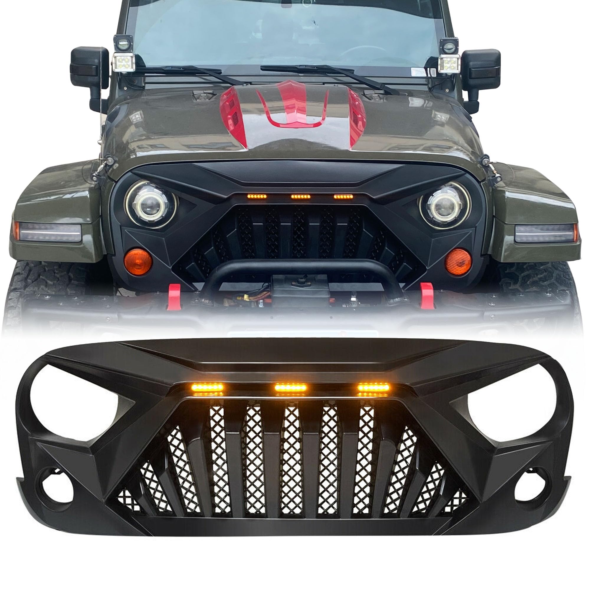 2007-2017 Jeep Wrangler JK & JKU Front Grill Replacement with LED DRL Lights & Wiring Harness - Fits Rubicon/Sahara/Sport Models | Off-Road Upgrade & Street Legal Lighting Accessory