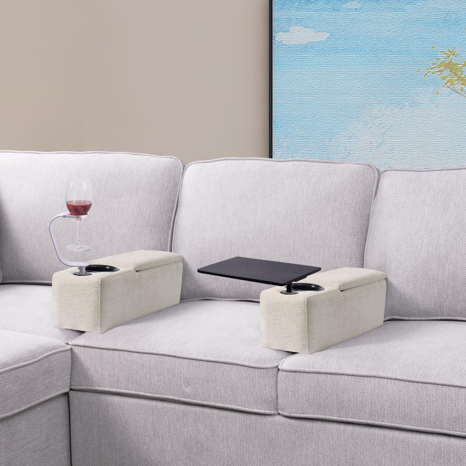Multifunctional Removable Sofa Armrest with Cup Holder & Wireless Charger - Couch Caddy with Storage & LED Reading Light - Almond - Perfect for Living Room, Bedroom & Office Use