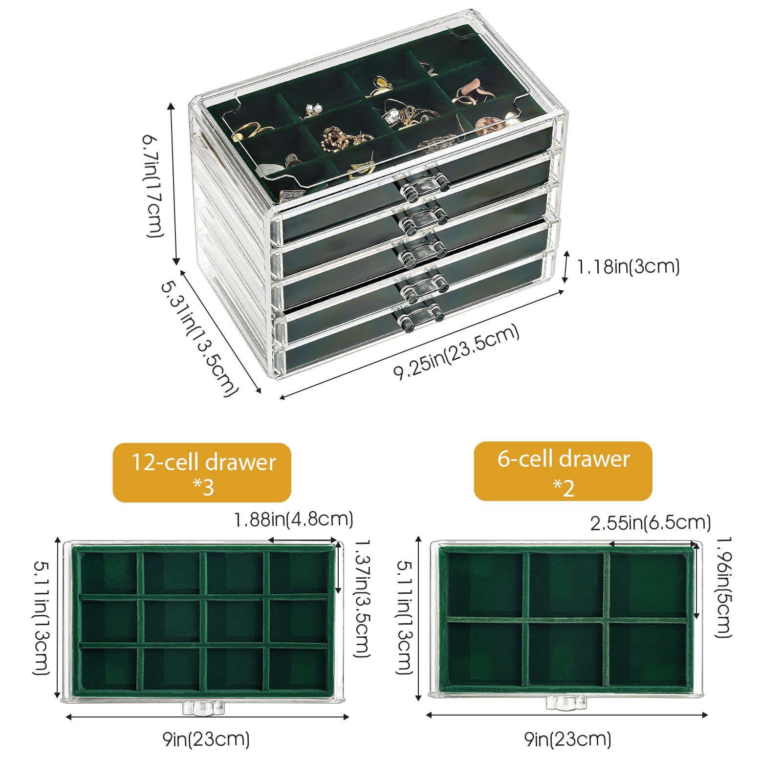 ProCase 5-Drawer Acrylic Jewelry Organizer Box with Adjustable Velvet Trays - Clear Earring Holder for Women (Emerald Green) | Perfect for Bedroom Vanity, Closet Storage & Travel Jewelry Case