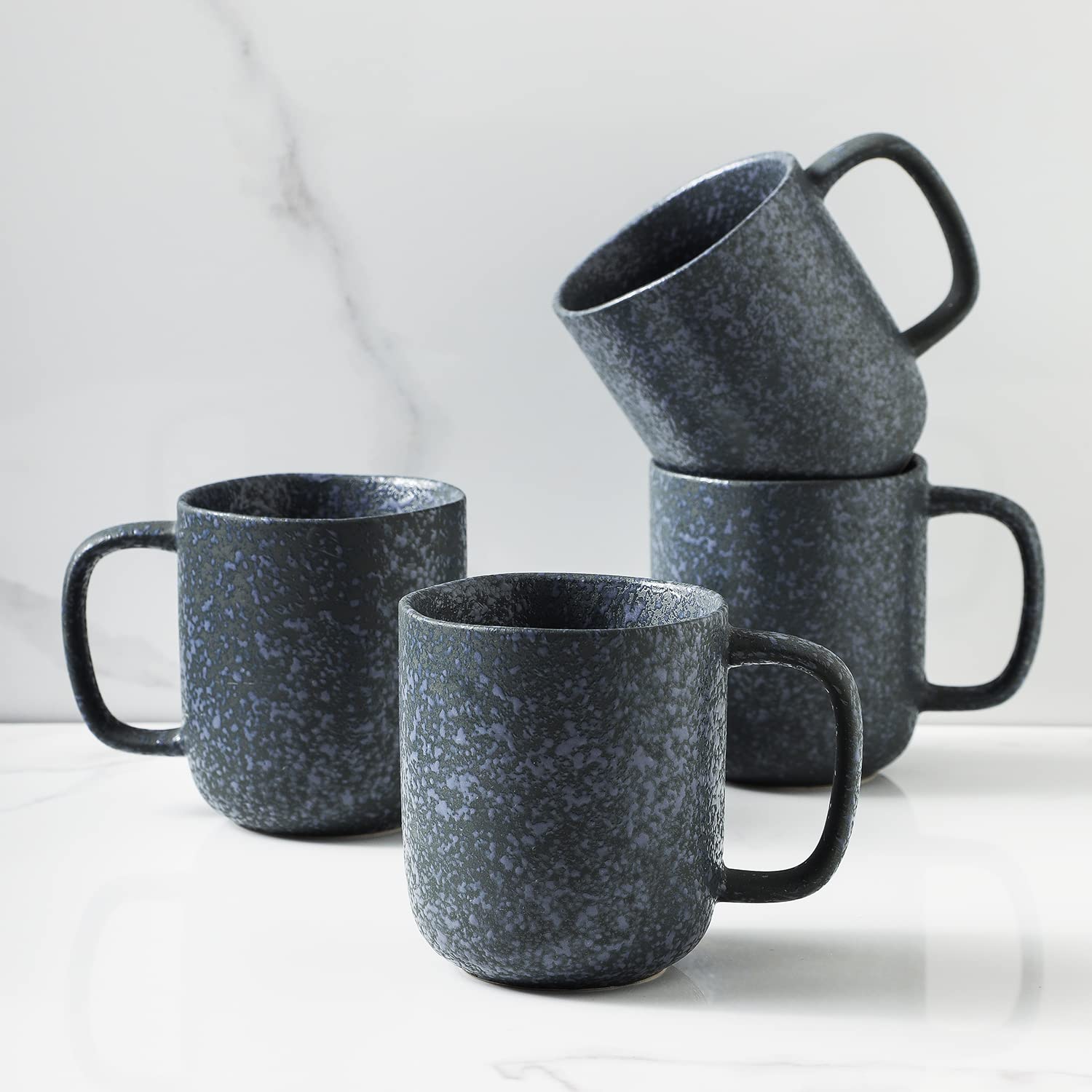 Premium Stone Lain Stoneware Dish Set - 4 Durable Coffee Mugs in Elegant Gray & Blue - Perfect for Home, Office & Restaurant Use