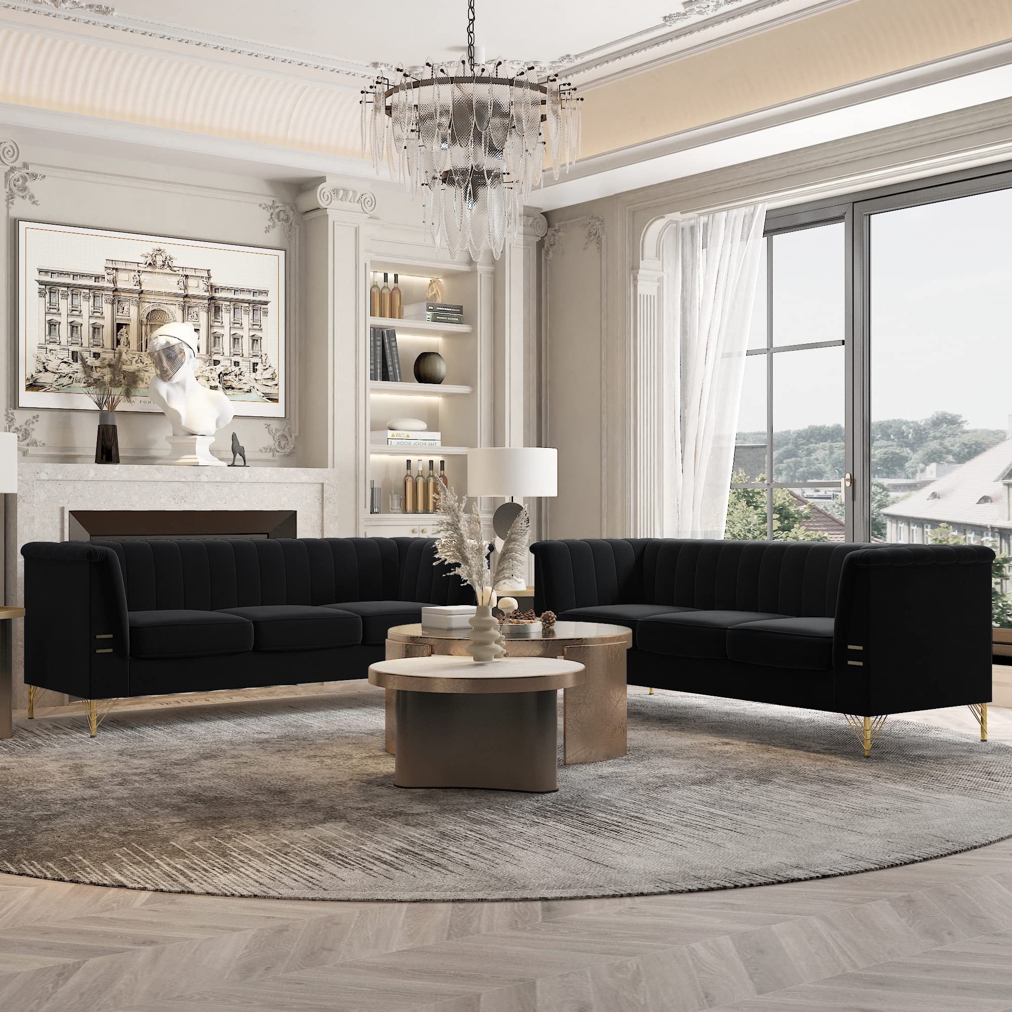 2PCS Black Velvet 3-Seater Chesterfield Sofa Set - Mid Century Modern Living Room Couch with Armrests for Apartment, Lounge & Office (Perfect for Home Theater & Cozy Reading Nook)