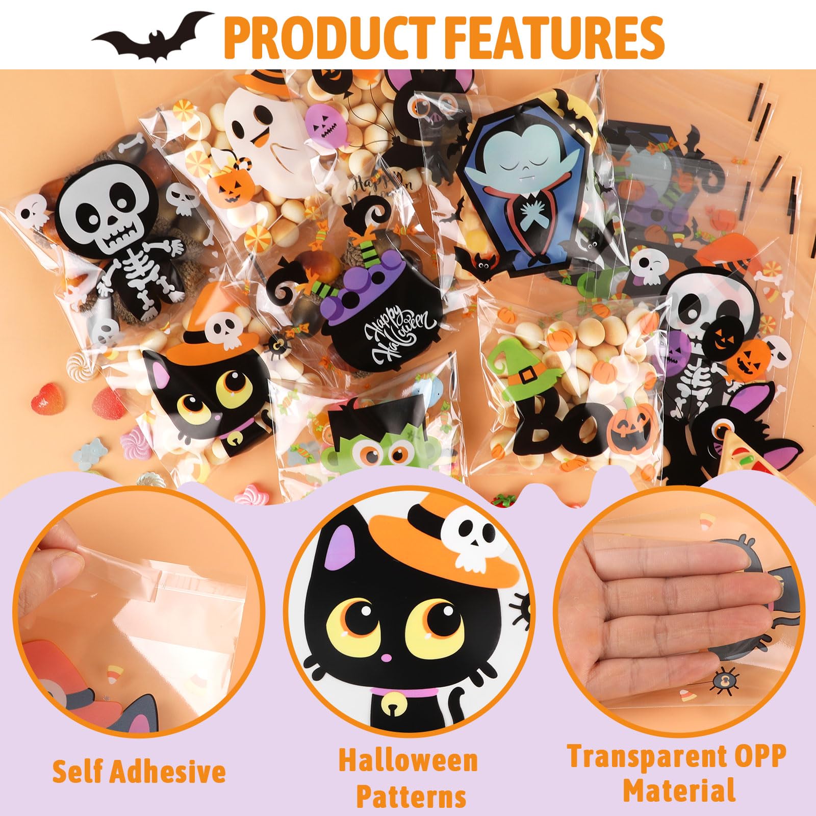KIMOBER 240pcs Halloween Cellophane Treat Bags - Self Adhesive Clear Cookie & Candy Bags, Self Sealing Transparent Cello Goodie Bags for Halloween Party Favors, Trick or Treat, School Events & Gift Wrapping