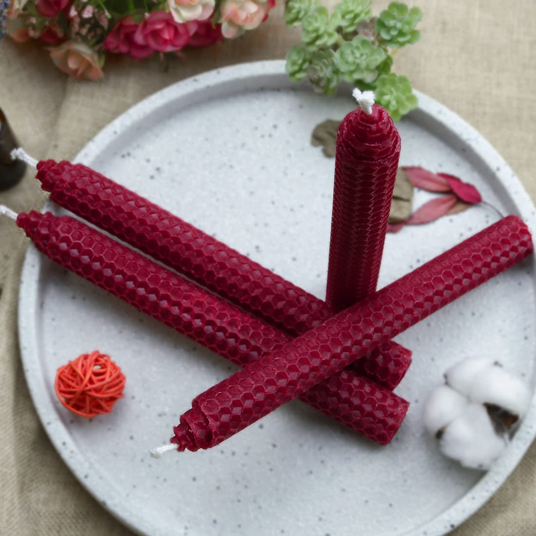 DEYBBY Handmade Beeswax Taper Candles - Natural Romantic Decor for Valentine's Gifts (Set of 6, Red)
