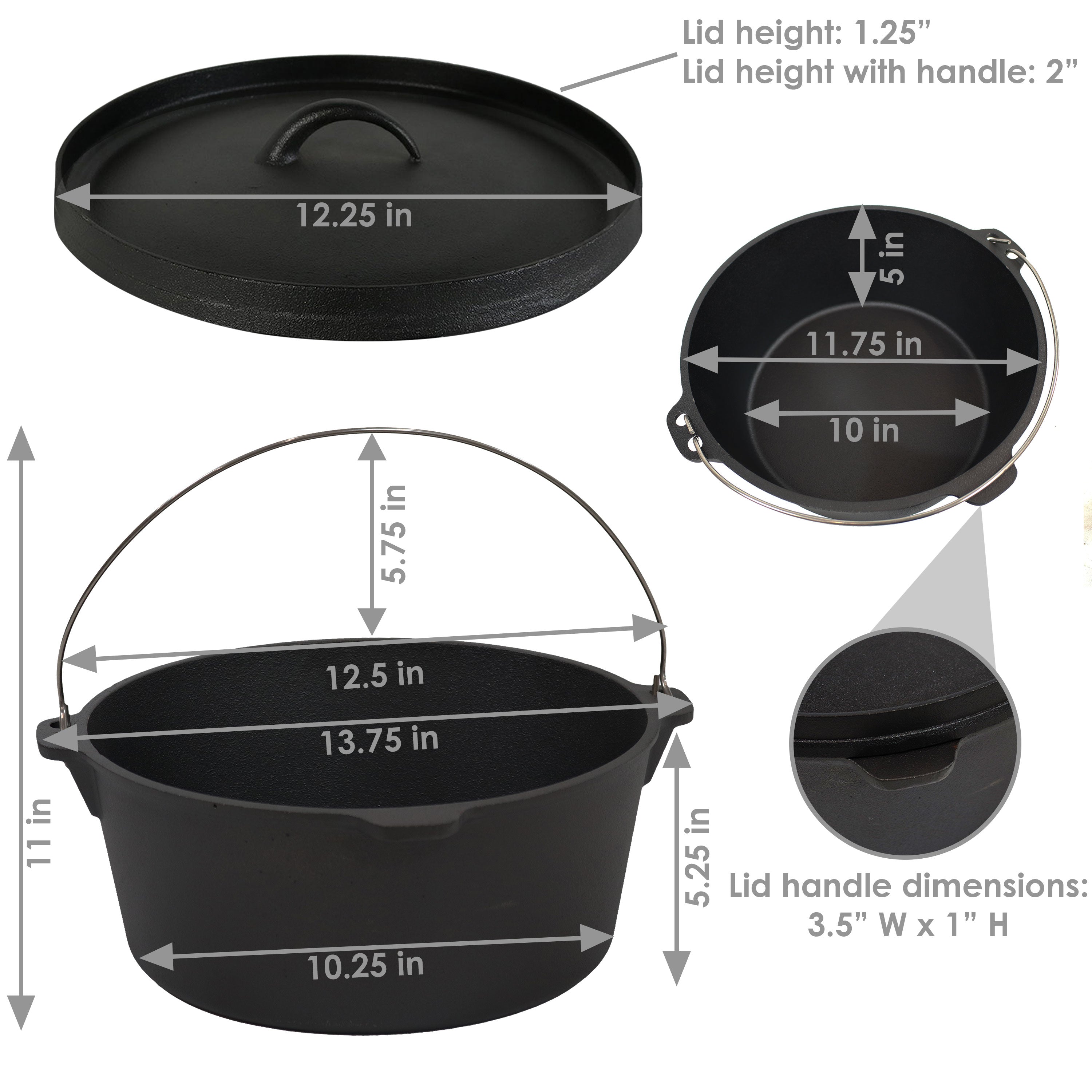 Pre-Seasoned Cast Iron Dutch Oven 12.25 Inch 8 Quart - Heavy Duty Camping & Outdoor Cooking Pot for Stews, Soups, Bread Baking & More