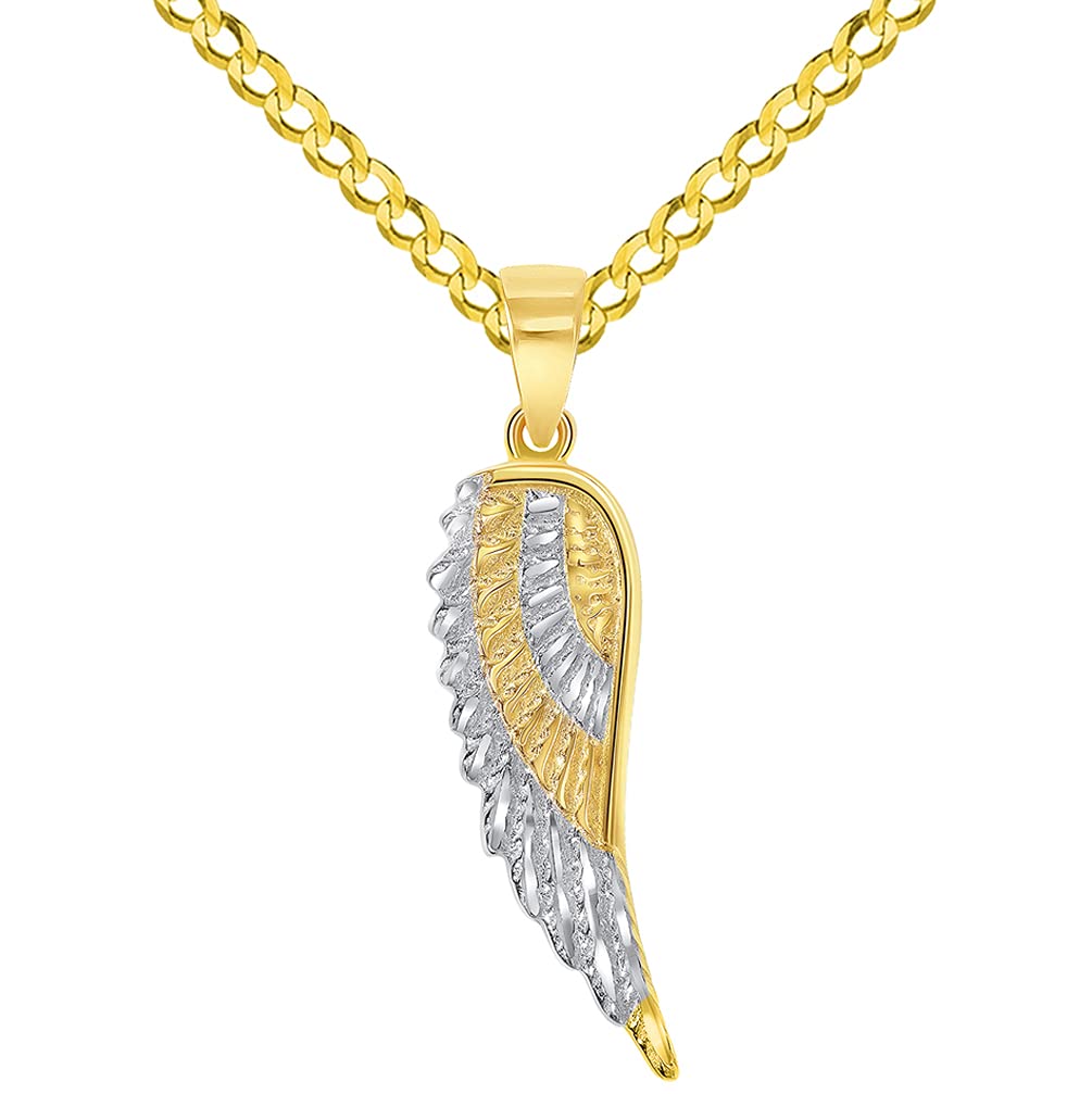 14K Yellow Gold Angel Wing Pendant Necklace - Two-Tone Textured Cuban Chain for Women - Perfect Gift for Birthday, Anniversary & Everyday Jewelry