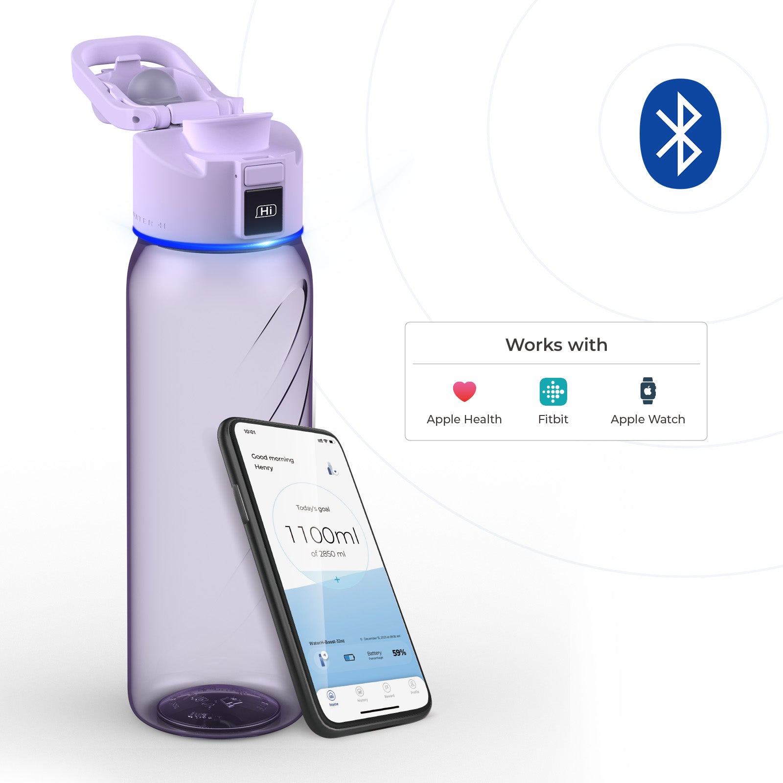 Boost Lite Purple 32 oz Bluetooth Smart Water Bottle with Temperature Display & Hydration Reminder - Perfect for Gym, Hiking, Office & Travel