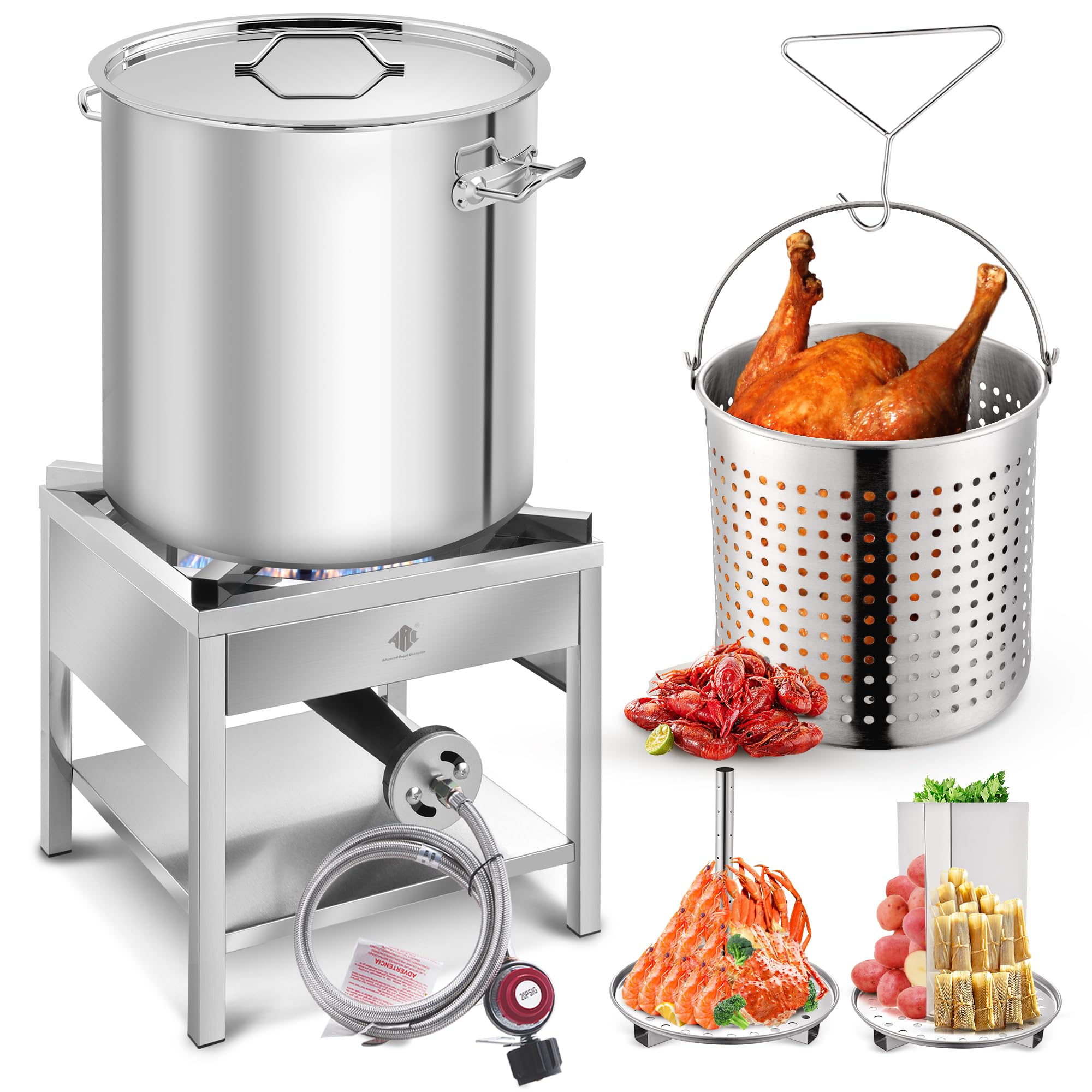 ARC 64QT Stainless Steel Seafood Boiling Kit with 200,000BTU Propane Burner - Crawfish Boil Pot with Basket & Steamer Rack - Outdoor Cooking & Steaming - Large Turkey Fryer Pot for Lobster, Shrimp, Crab - Perfect for Backyard Parties, Camping & Seafood Feasts