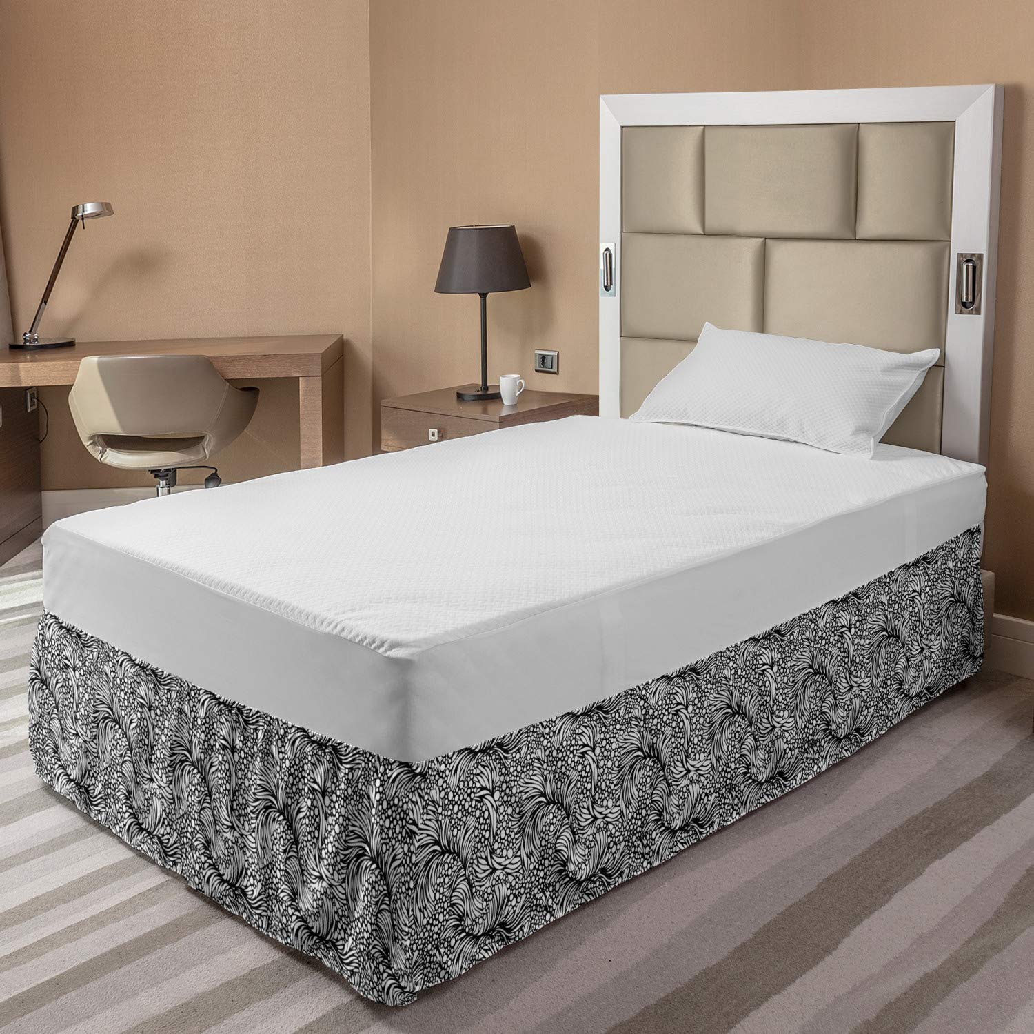 Ambesonne Black and White Elastic Bed Skirt - Abstract Water Themed Bubbles & Waves Ocean Design - Wrap Around Dust Ruffle for Twin/Twin XL Beds - Perfect for Coastal, Modern or Minimalist Bedroom Decor