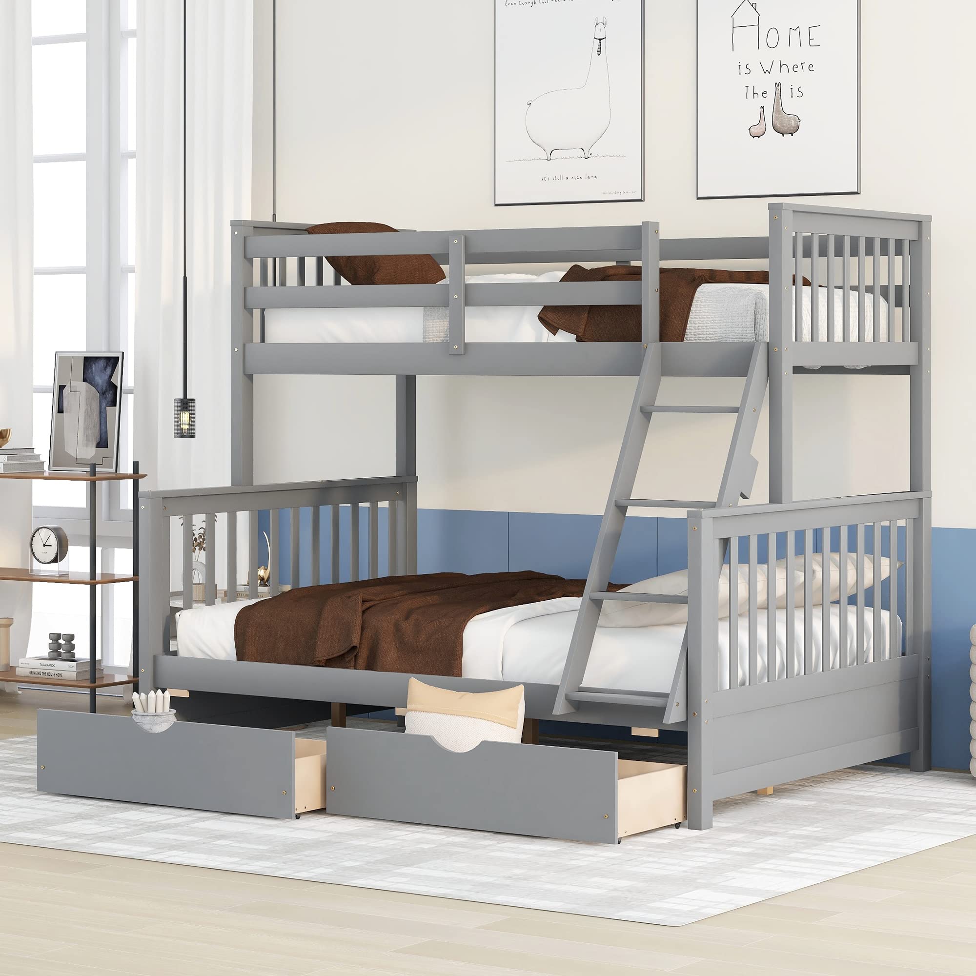 Harper & Bright Designs Twin Over Full Bunk Bed with Drawers & Ladder - Solid Wood Space-Saving Kids Bunk Bed - Grey Bedroom Furniture for Small Rooms & Shared Kids Bedrooms