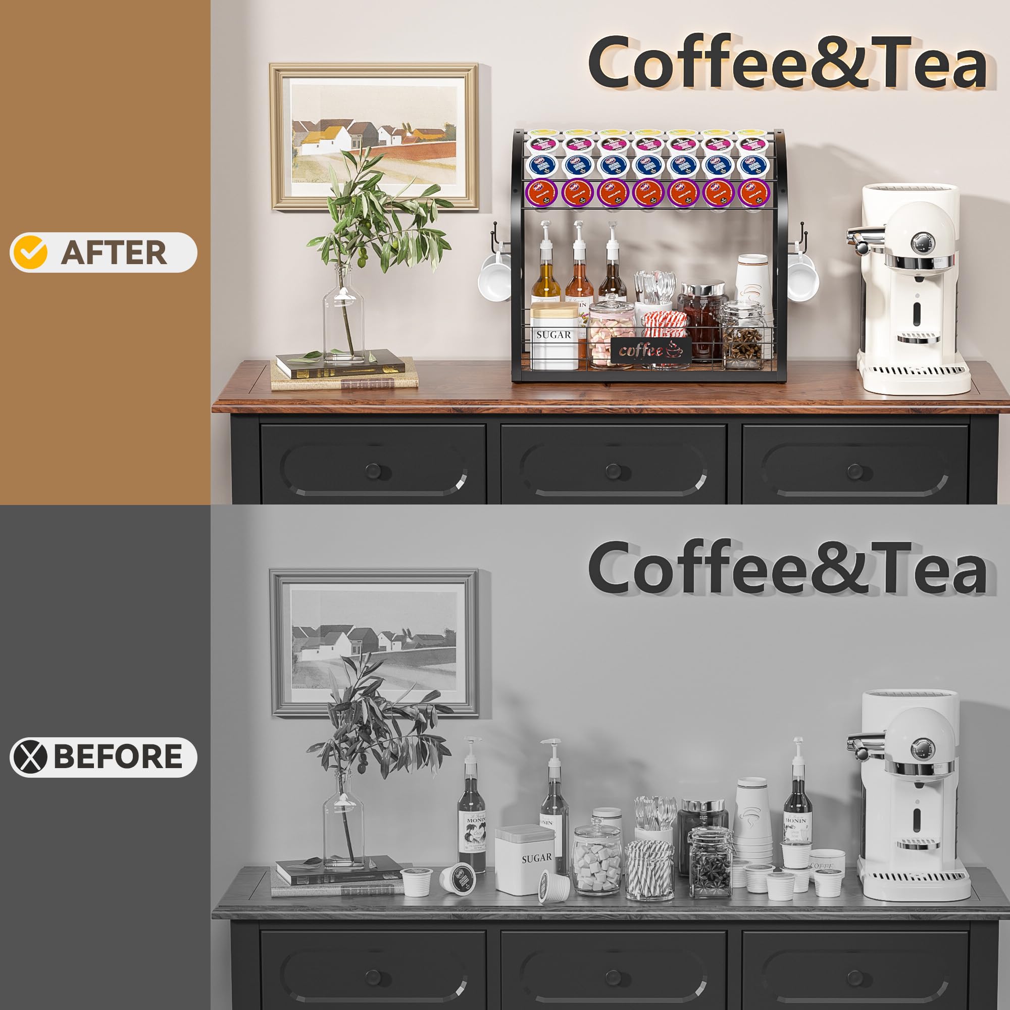 2-Tier Metal K Cup Holder with 4 Coffee Mug Hooks - Multi-Functional Coffee Station Organizer for Countertop, Wooden K Cup Tray - Perfect for Home Kitchen, Office Coffee Bar & Small Space Organization (Black)