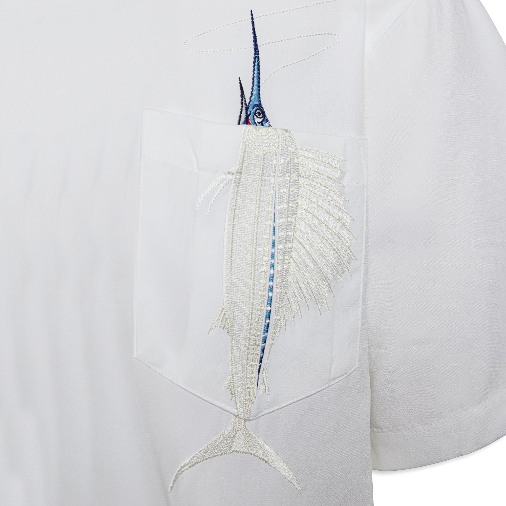 Bamboo Cay Shake The Hook Embroidered Camp Shirt for Men - Breathable Chalk Blue Hawaiian Style Casual Button Down Shirt | Perfect for Beach Vacation, Summer Party and Tropical Getaway