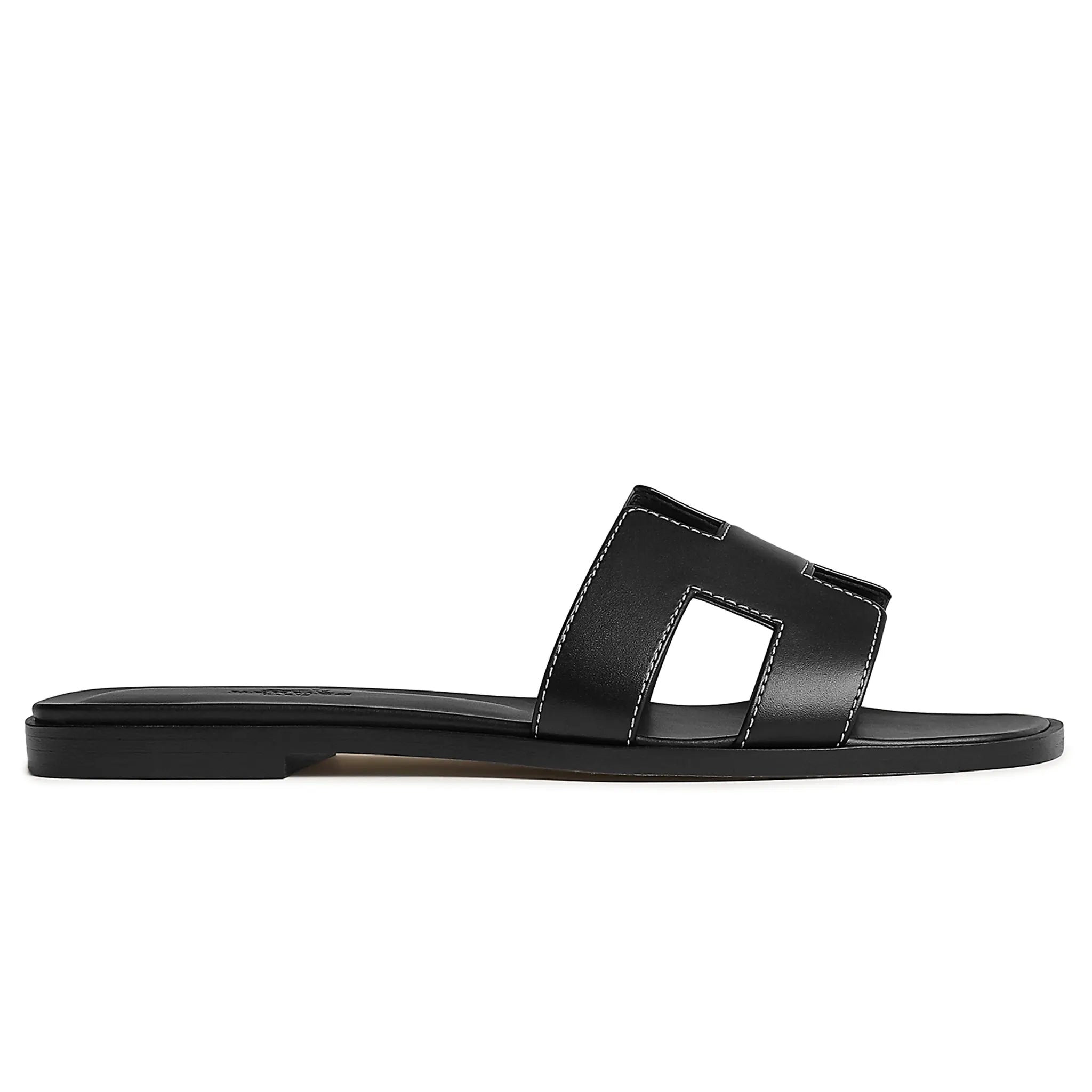 Hermès Paris Oran Black Leather Sandals for Women - Luxury Designer Flat Slides for Summer, Beach & Casual Outfits