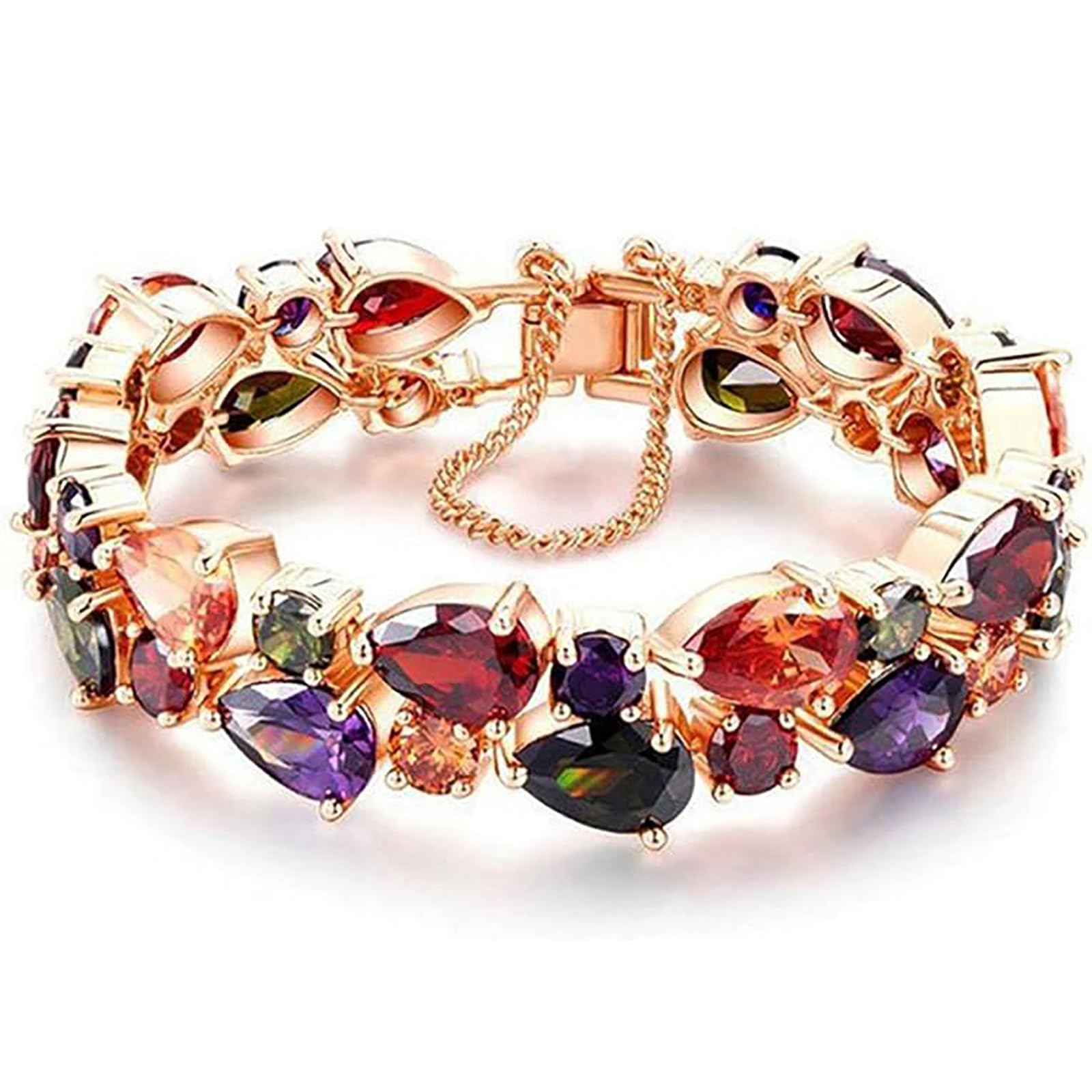 14K Rose Gold Plated Cubic Zirconia Tennis Bracelet for Women | Elegant Multicolor Gemstone Jewelry | Adjustable 7-8 Inch Size | Perfect for Weddings, Parties & Everyday Wear