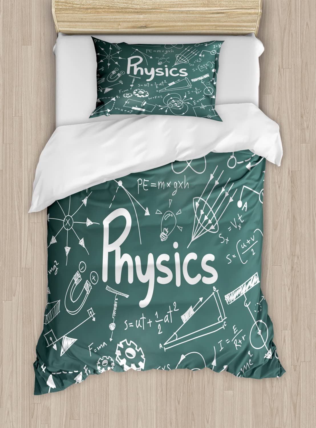 Ambesonne Physics Science Duvet Cover Set - Queen Size 2-Pack with Mathematical Formulas & Equations | Army Green & White Bedding Set Includes 2 Duvet Covers & 4 Pillowcases | Perfect for Science Lovers, Nerdy Bedrooms & STEM Themed Decor