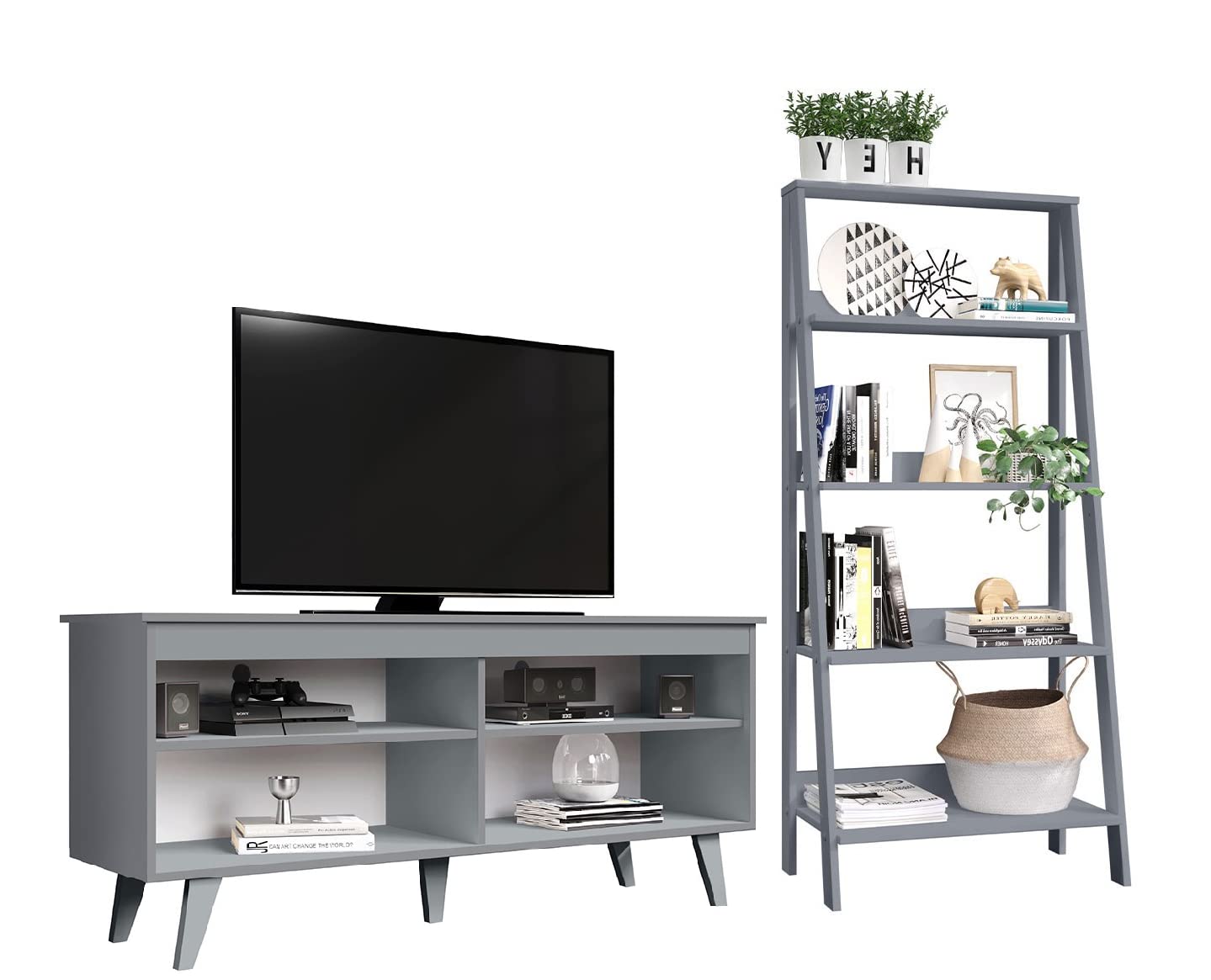 Modern TV Stand for TVs up to 55 Inches with 5-Tier Bookcase - Grey Finish - Perfect for Living Room, Bedroom & Home Theater Setup