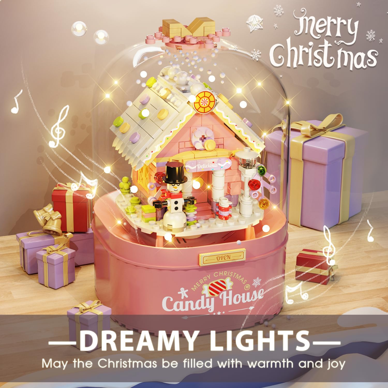 Pink Christmas Music Box Building Blocks Kit with LED Lights & Auto Snowfall - 8 Song Santa House Set, Compatible with Lego - Perfect Holiday Gift for Girls & Kids | Great for Christmas Decor, Playtime & Festive Gifting