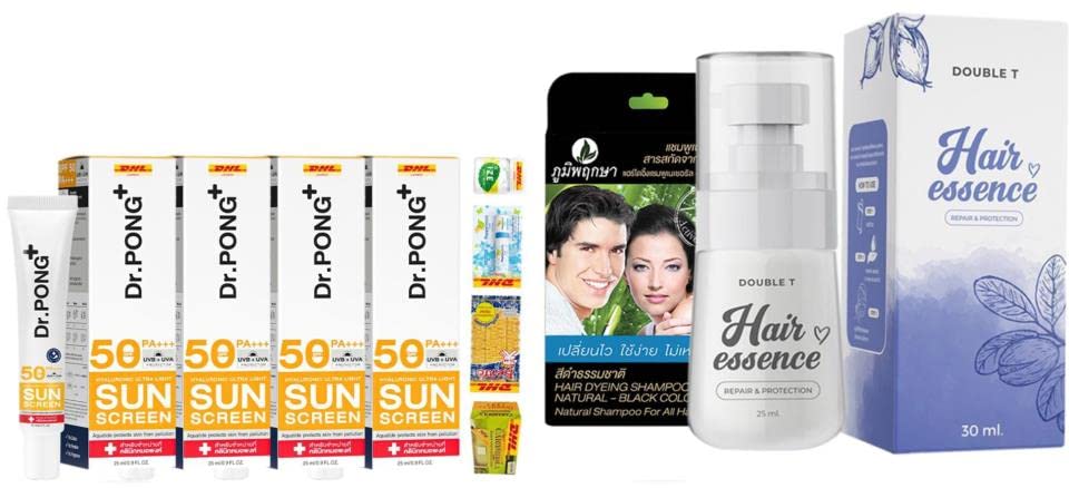 Dr.Pong Hyaluronic Ultra Set - 4 x 25ml Light Sunscreen + Double T Hair Essence 30ml + Natural Oil - Anti-Aging Skincare & Hair Care Kit for Women - Fast DHL Shipping | Perfect for Daily Sun Protection & Hair Nourishment