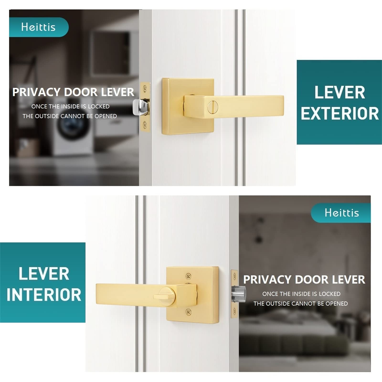 4 Pack Heavy Duty Square Privacy Door Locks - Gold Bathroom/Bedroom Keyless Entry Lever Handle (Left/Right Reversible) - Perfect for Home, Office, Hotel & Commercial Spaces