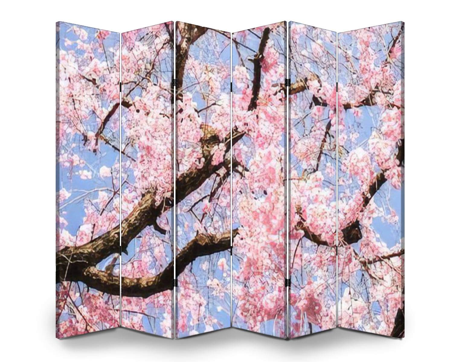 Japanese Cherry Blossom Wood Room Divider - 5-Fold Sakura Garden Privacy Screen with Dual-Sided Canvas Panels (6 Panels) for Home Office, Bedroom Partition & Asian Decor | Kyoto Haradanien Inspired Design