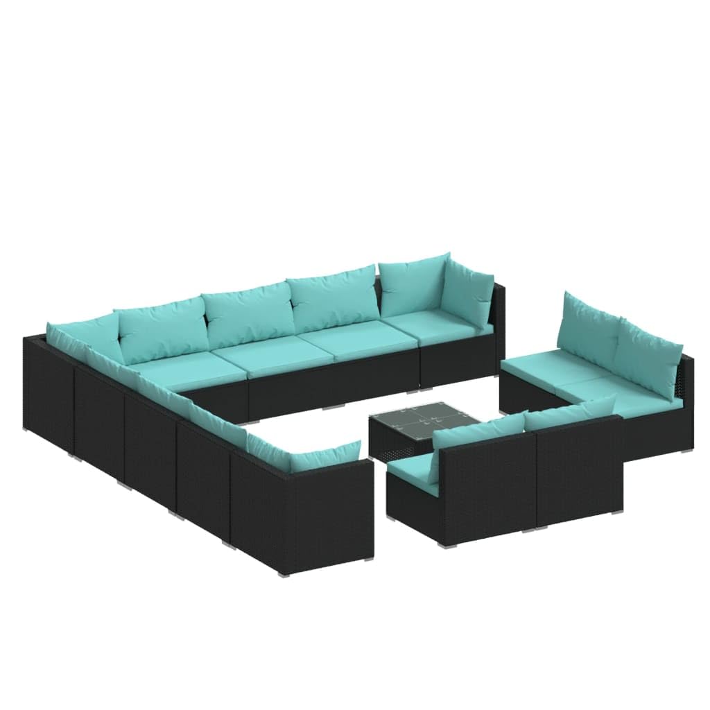 vidaXL 14-Piece Patio Lounge Set with Black Poly Rattan - Water-Resistant, Stylish & Comfortable Outdoor Furniture with Cushions for Patio, Balcony, Garden, Poolside | Perfect for Backyard Relaxation, Outdoor Entertaining and Summer Lounging