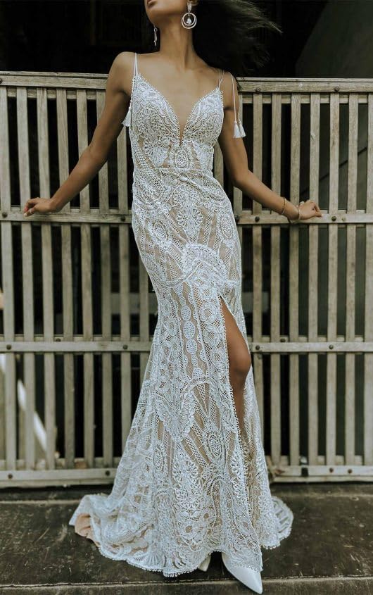 Boho Vintage Lace Wedding Dress for Bride - Mermaid Beach V Neck Bohemian Bridal Gown with Slit | Perfect for Beach Weddings, Boho Chic Ceremonies & Romantic Photoshoots