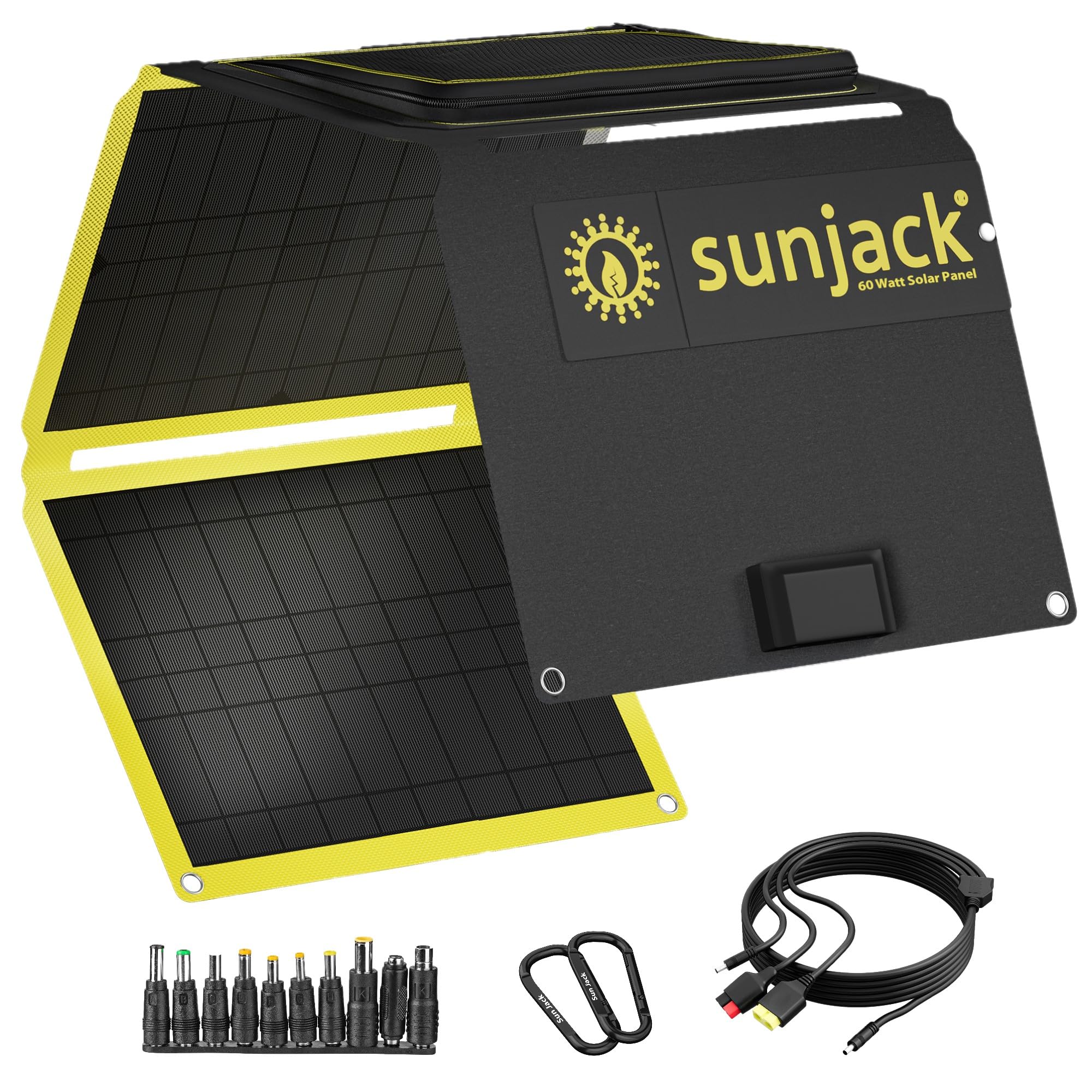 SunJack 60W Portable Solar Charger - IP67 Waterproof ETFE Folding Solar Panel with Kickstand, USB-C PD30 & QC3.0 for Phones, Laptops, Power Banks | Perfect for Camping, Hiking, RV Trips & Emergency Power Backup