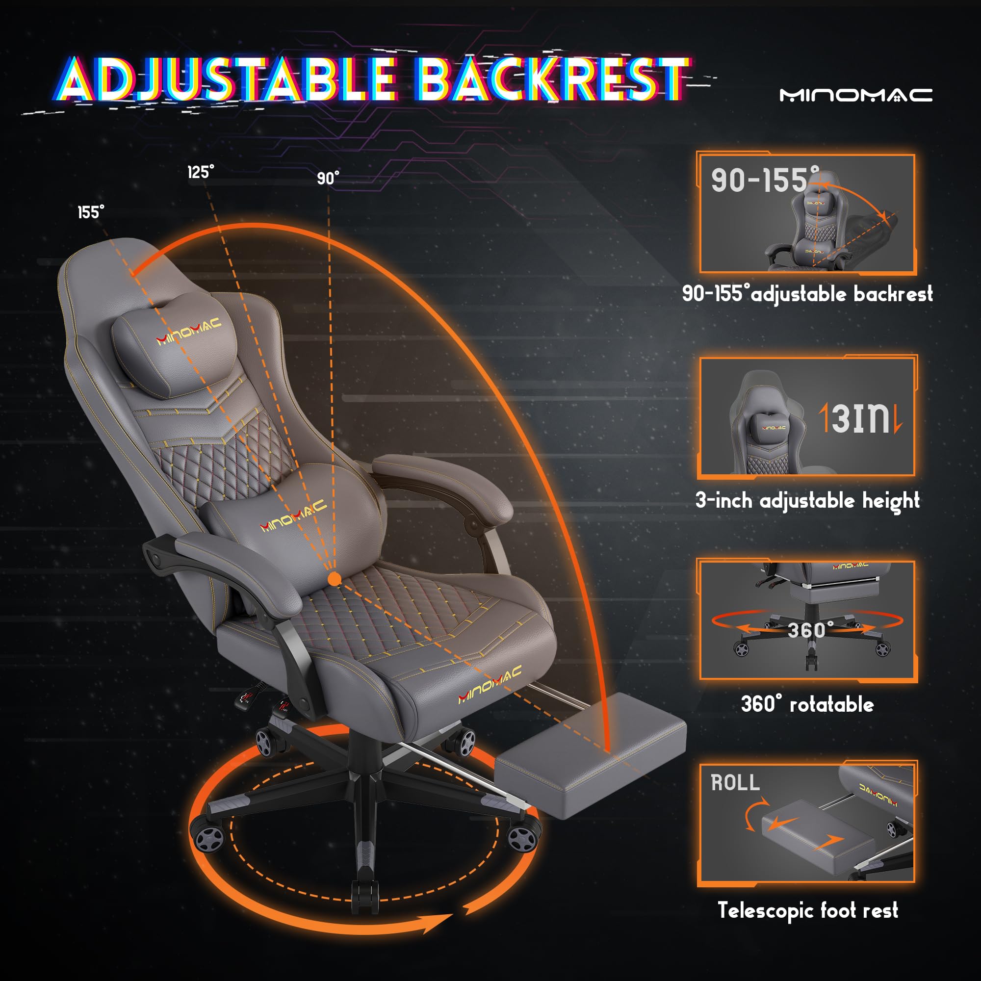 Premium Ergonomic Gaming Chair with Adjustable Footrest & Lumbar Support - 400lbs Weight Capacity, Breathable PU Leather, 155° Reclining Computer Chair for Adults (Grey) - Perfect for Long Gaming Sessions, Home Office & Esports Tournaments