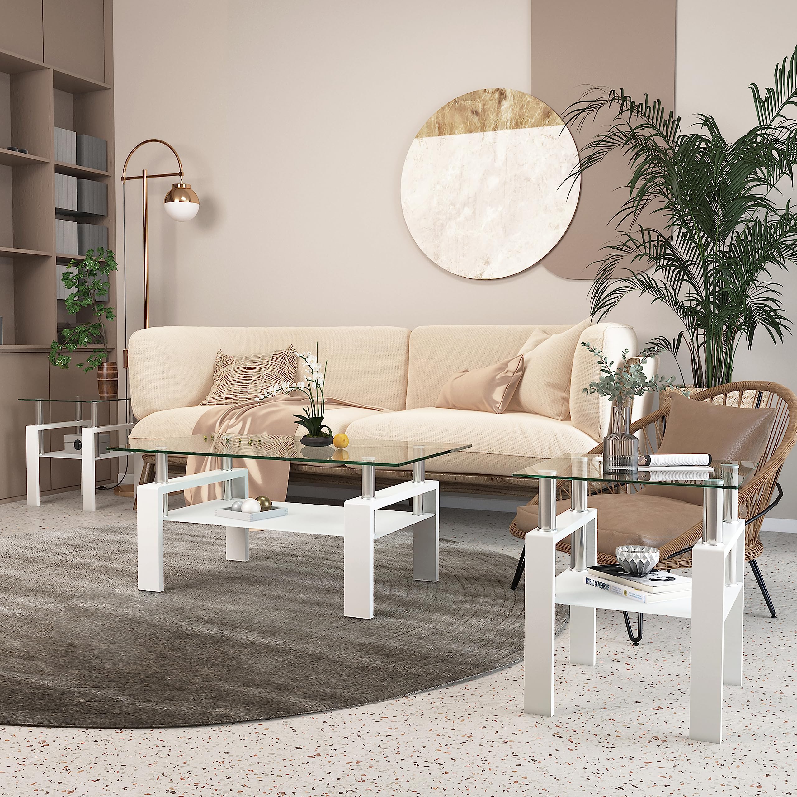 3 Piece Modern Glass Coffee Table Set with Tempered Glass Top & Sturdy Metal Legs - Includes Coffee Table and 2 End Tables - White Legs & Clear Glass - Perfect for Living Room, Bedroom or Office Furniture (Style 1)