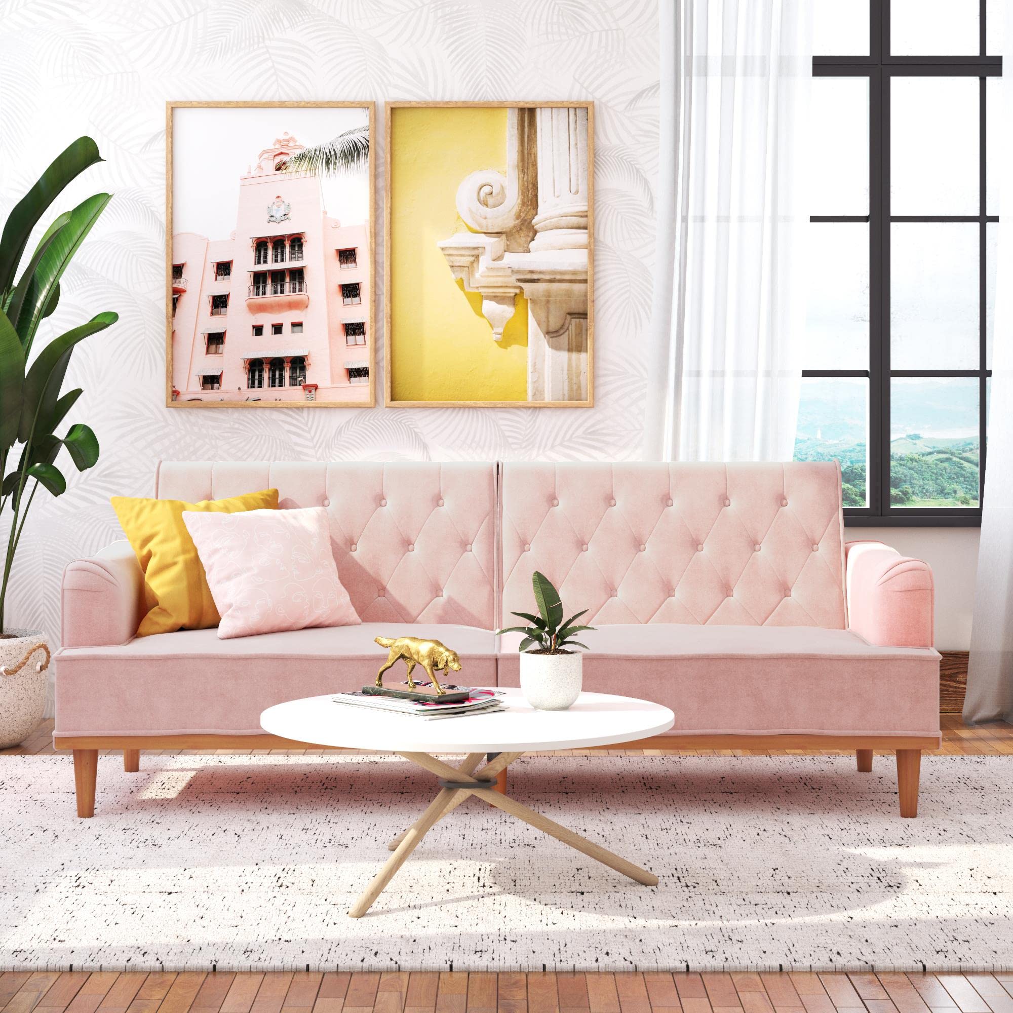 Mr. Kate Stella 80 Inch Velvet Futon Sofa Bed - Modern Upholstered Convertible Sleeper with Button Tufted Back & Wood Trim, Pink | Perfect for Small Apartments, Guest Rooms & Cozy Living Spaces