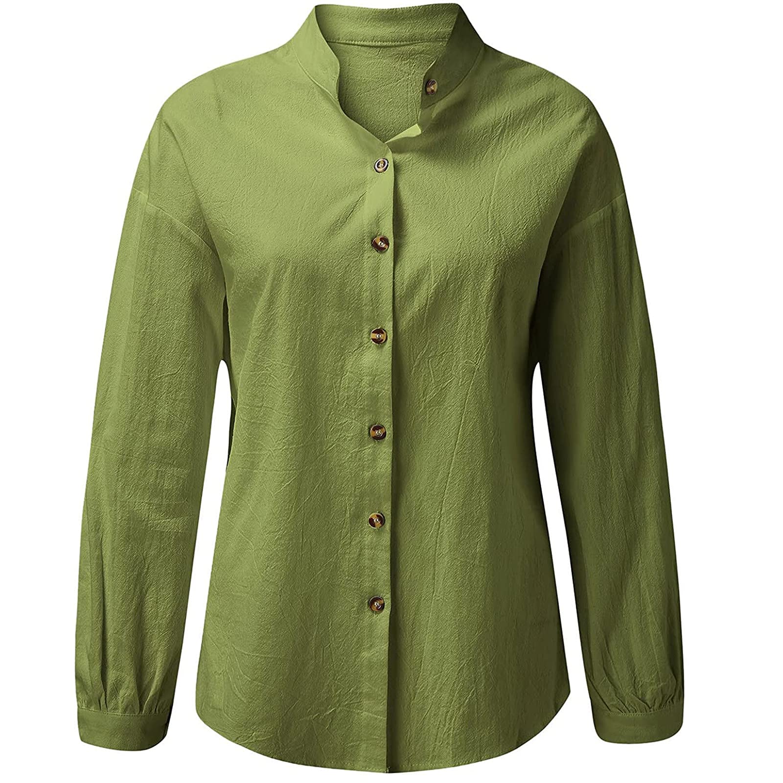 SHOPESSA Women's Linen Button Down Shirts - Comfortable Loose Fit Mock Neck Blouse, Solid Color Business Casual Top for Office, Work & Everyday Wear