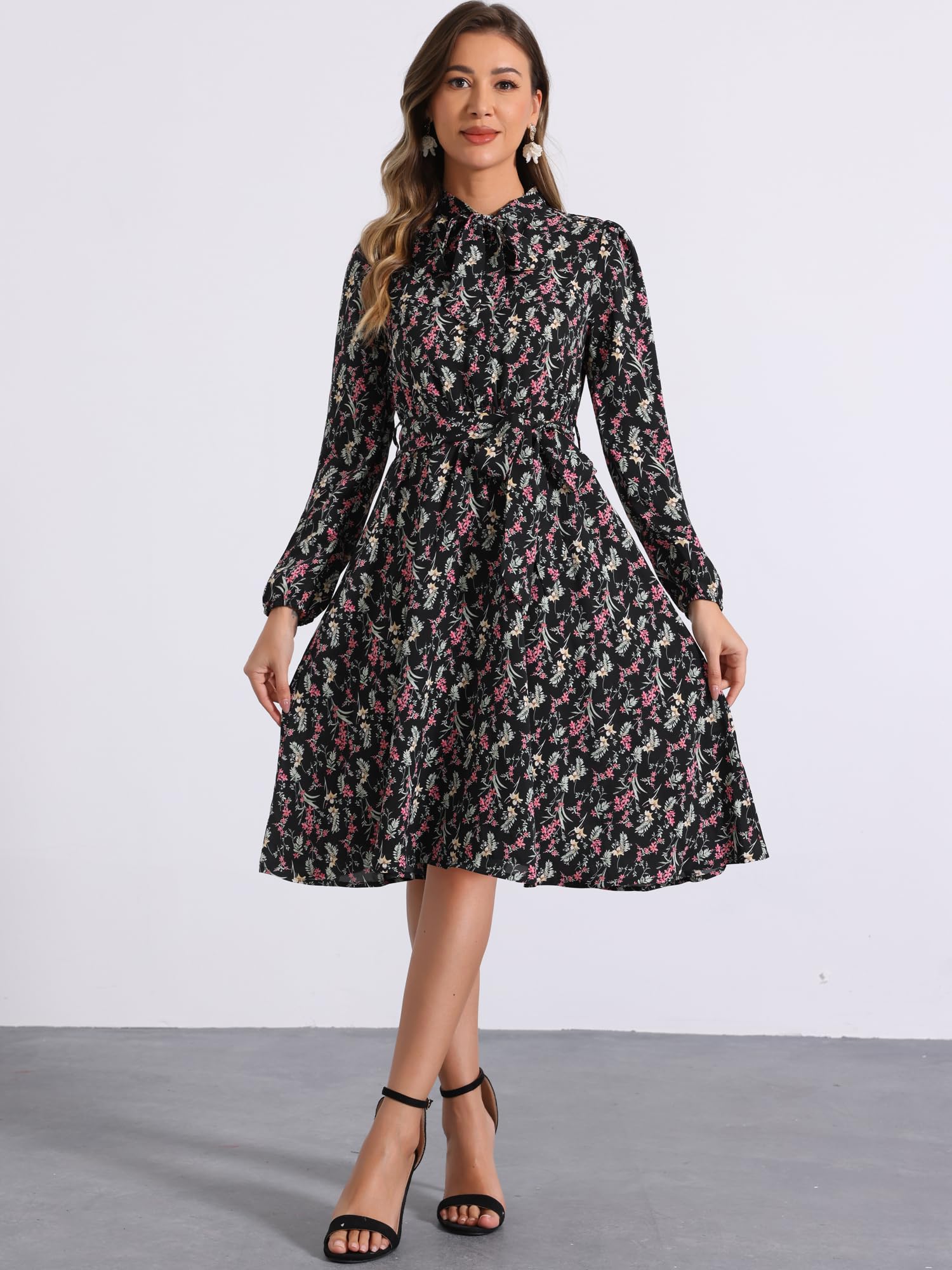 Allegra K Women's Vintage Floral Chiffon Dress with Tie Neck, Long Sleeves & Belt - Elegant Office Wear & Special Occasion Outfit
