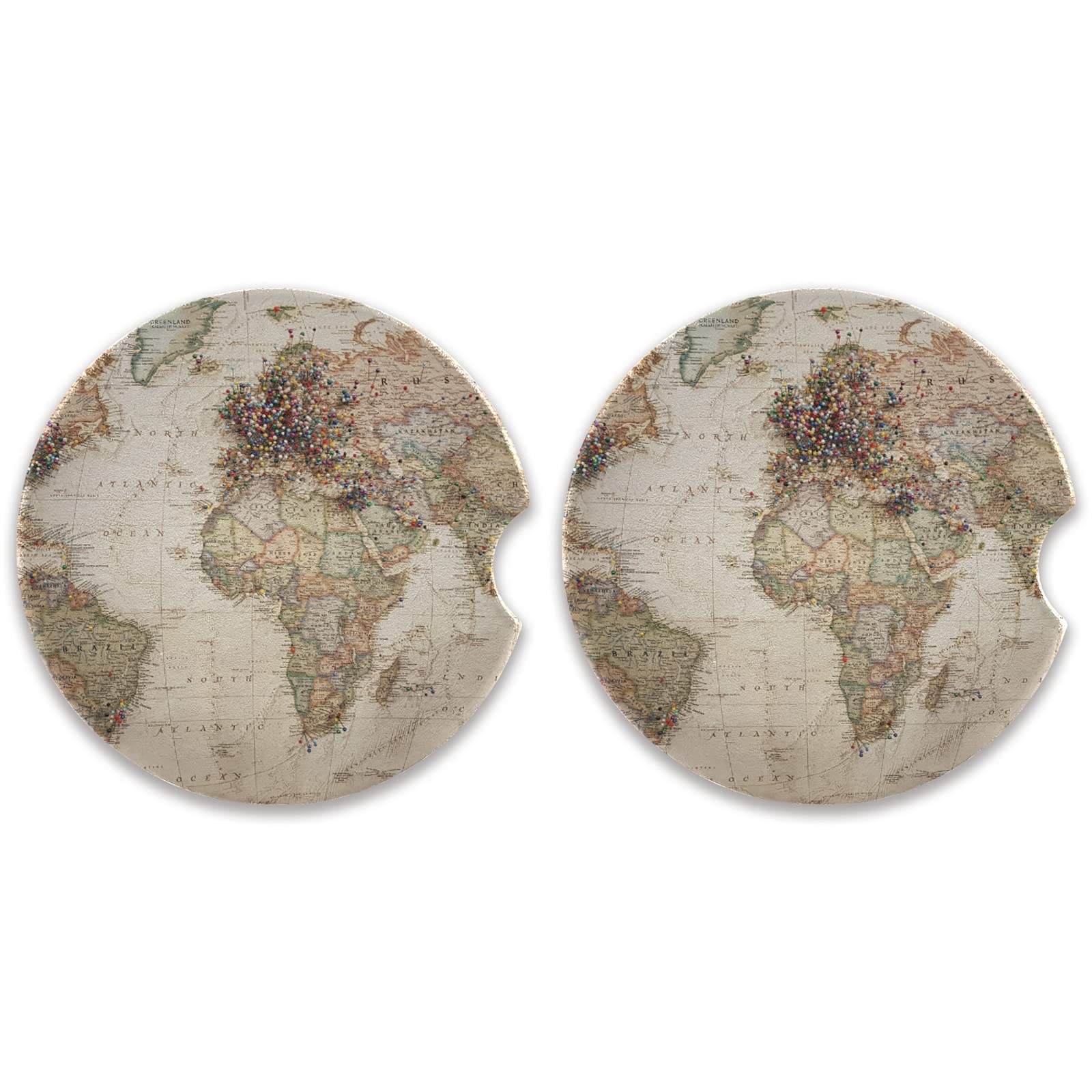 Xigua World Map Car Coasters 2 Pack - Absorbent Ceramic Stone Cup Holder Coasters with Fingertip Grip for Car, Office, and Home Use