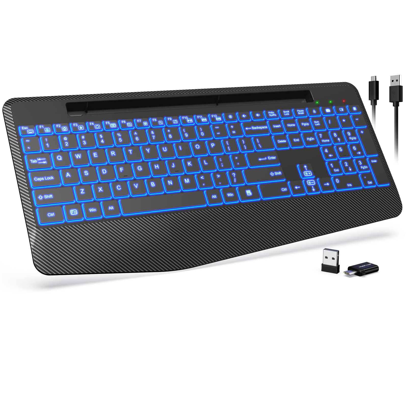 Rechargeable Wireless Keyboard with 7-Color Backlit, Ergonomic Wrist Rest & Phone Holder - Silent Mechanical Keyboard for Windows, MacBook, PC, Laptop (Black) | Perfect for Office, Gaming & Home Use